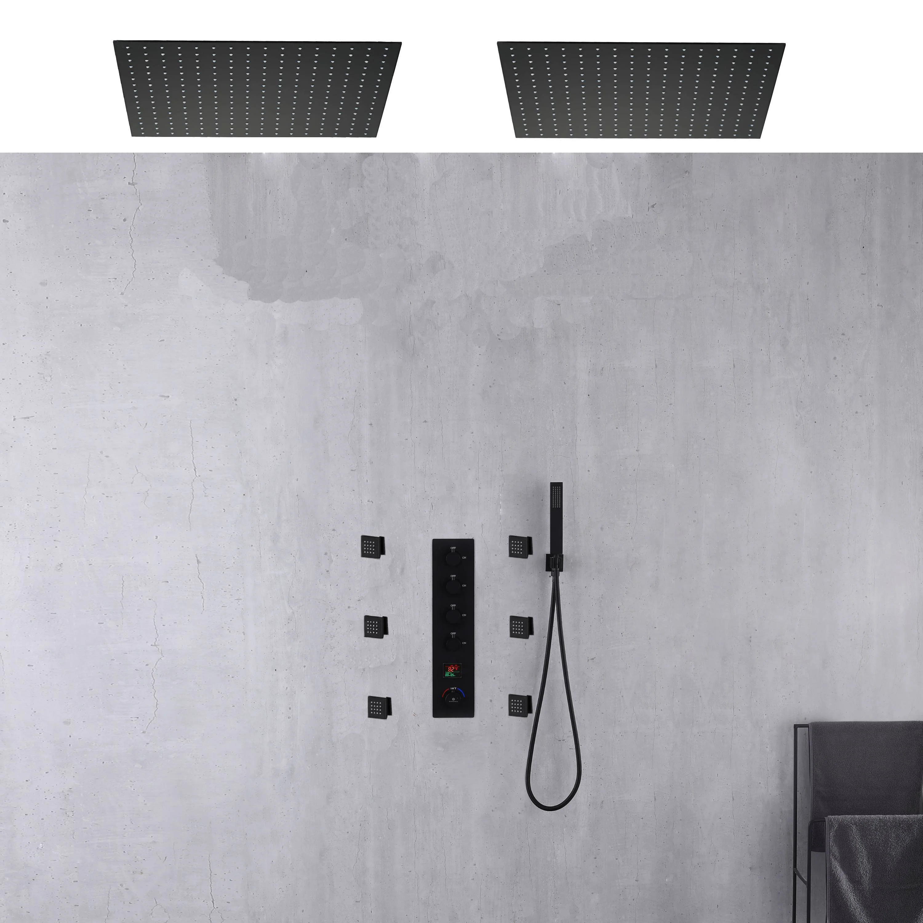 Matte black ceiling mount 2 x 20inch led light rainfall shower head 4 way digital display thermostatic shower faucet with 6 body jets - Image 8