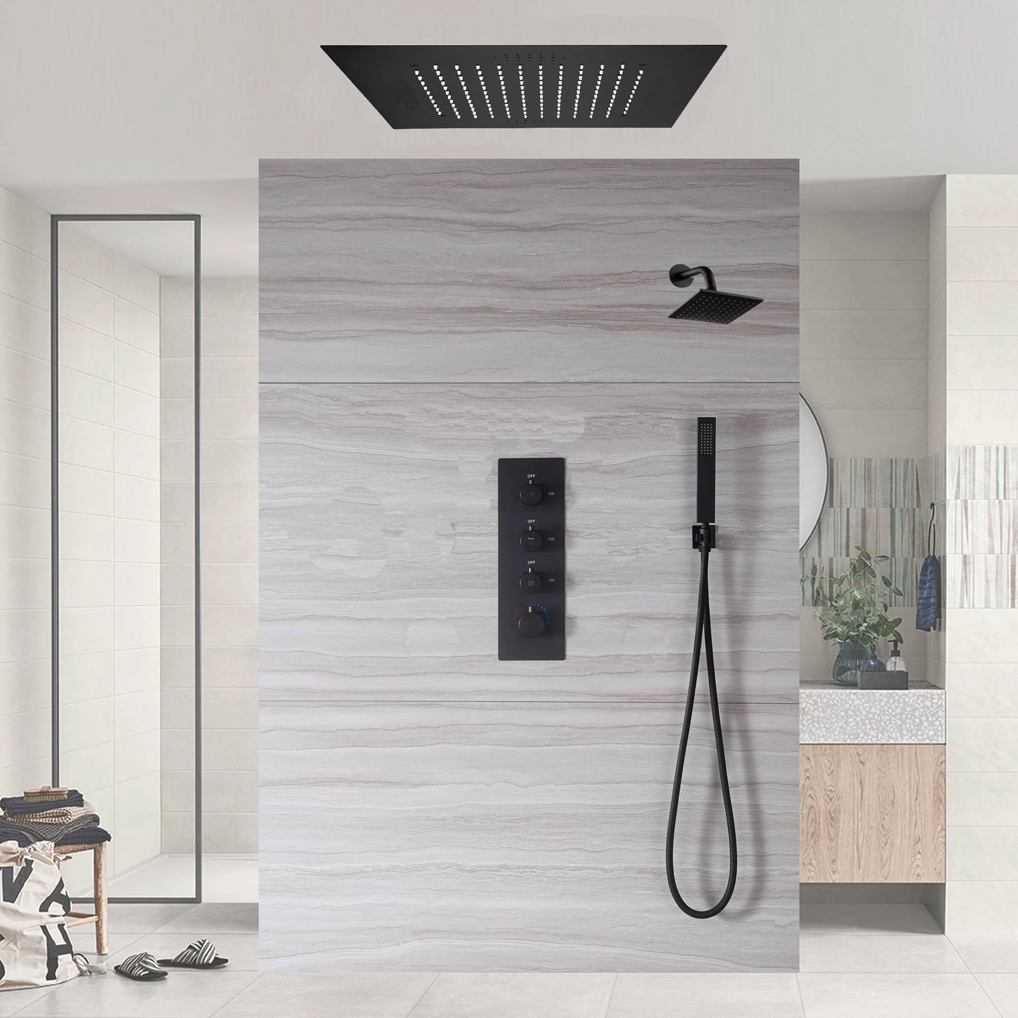 Matte Black Flush Mounted 20" or 24" Rain Head Shower with 3-Way Thermostatic System - Image 3