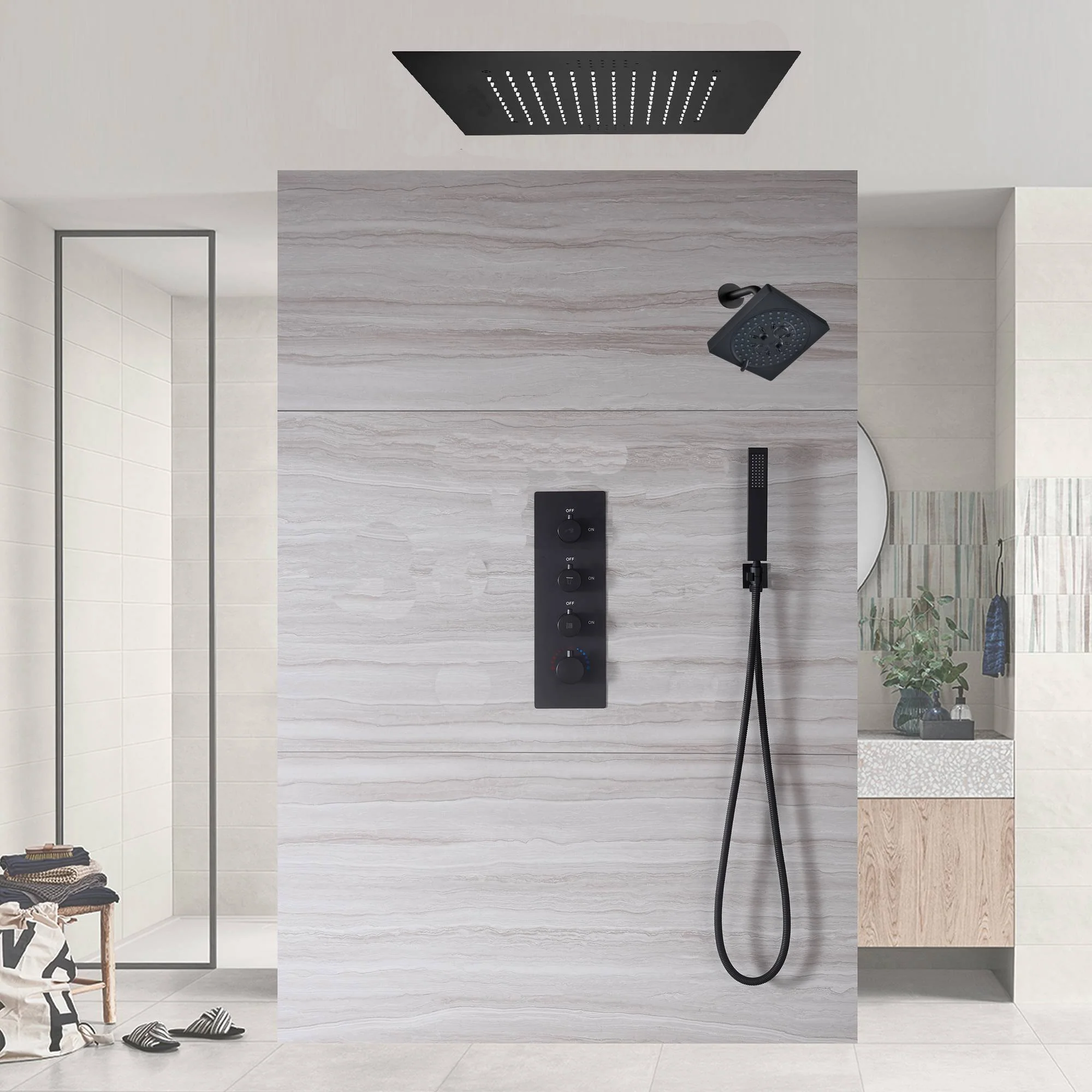 Matte Black Flush Mounted 20" or 24" Rain Head Shower with 3-Way Thermostatic System - Image 4