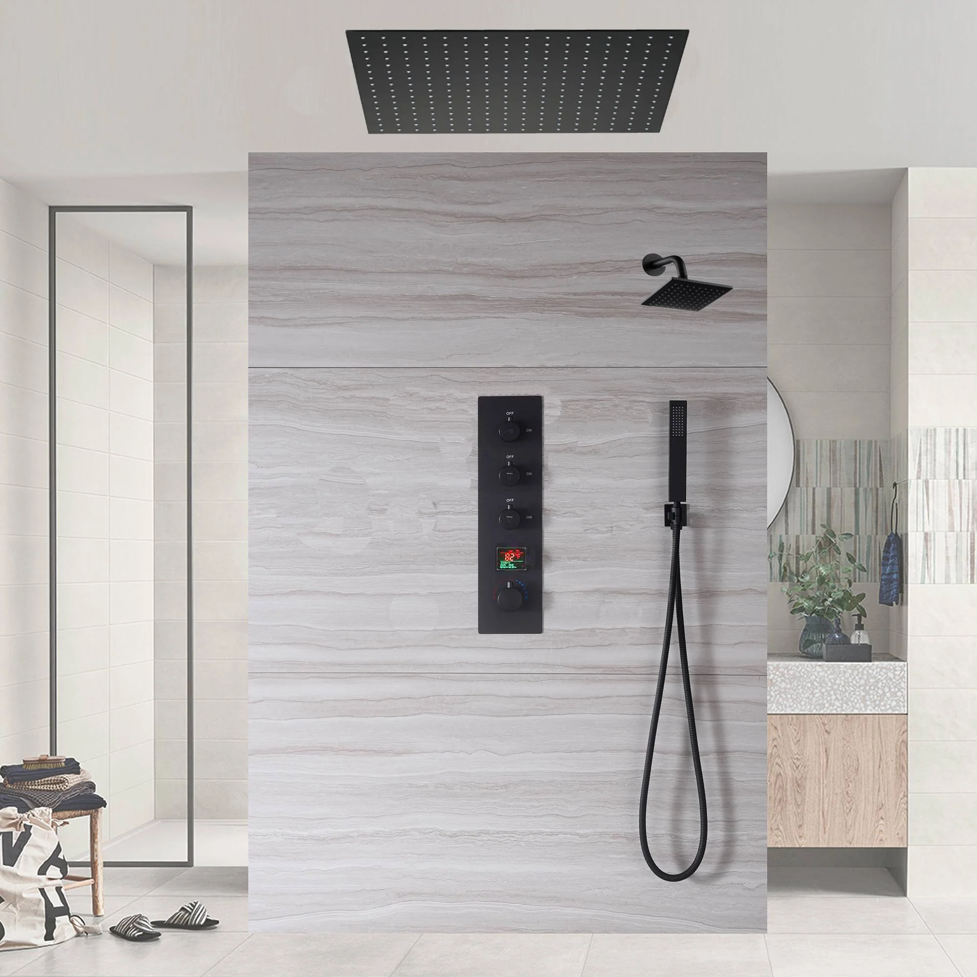 Matte Black Flush Mounted 20" or 24" Rain Head Shower with 3-Way Thermostatic System - Image 5