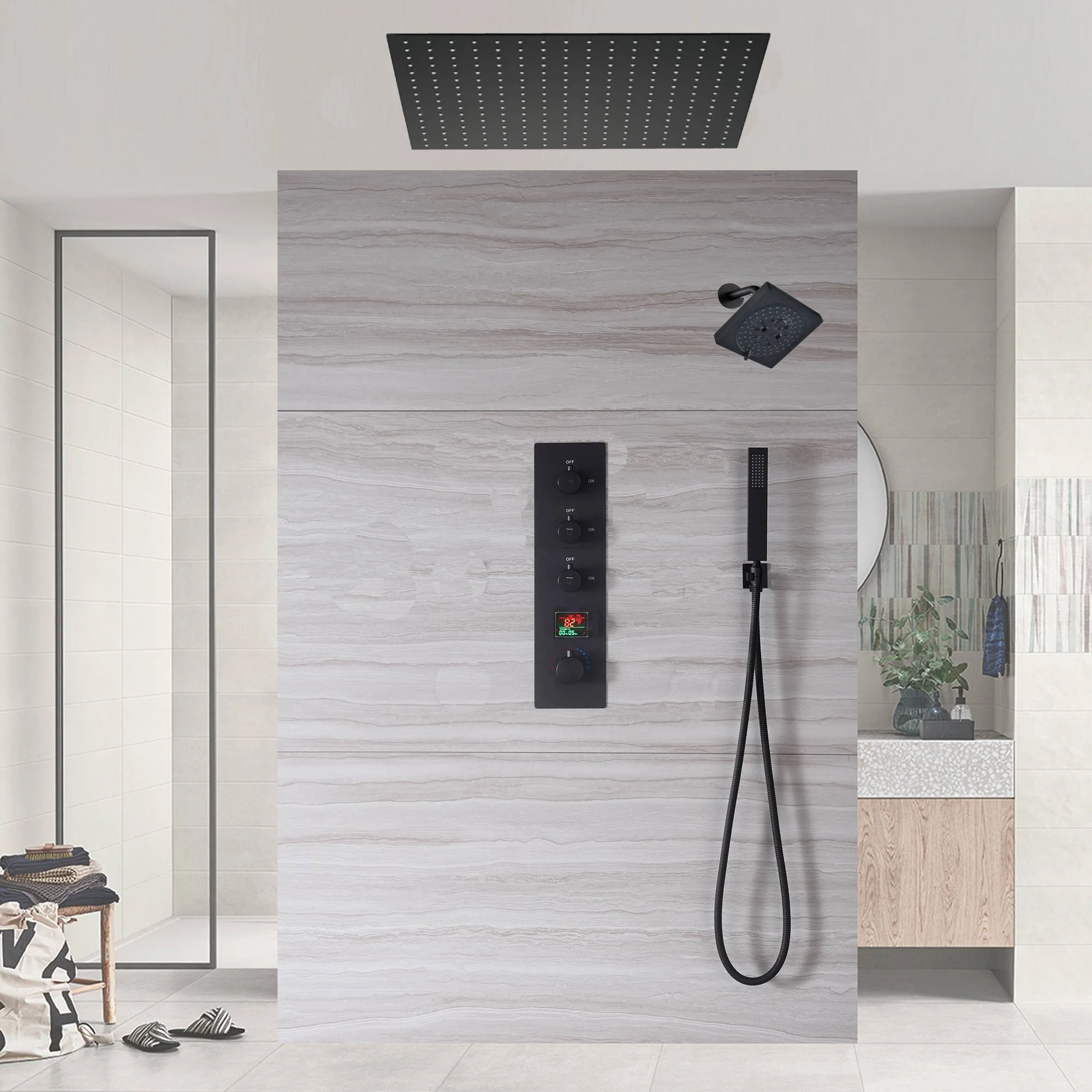 Matte Black Flush Mounted 20" or 24" Rain Head Shower with 3-Way Thermostatic System - Image 6