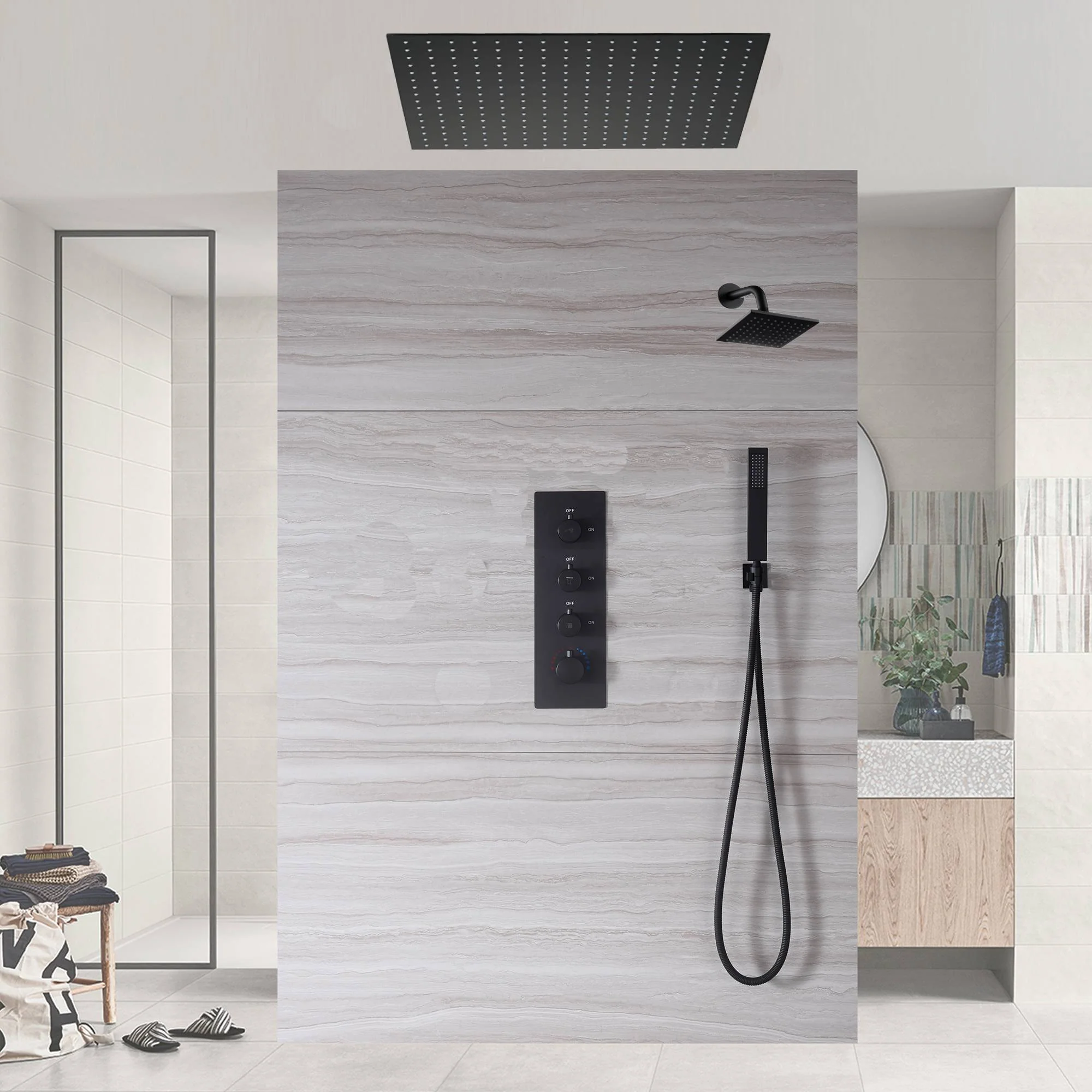 Matte Black Flush Mounted 20" or 24" Rain Head Shower with 3-Way Thermostatic System - Image 7