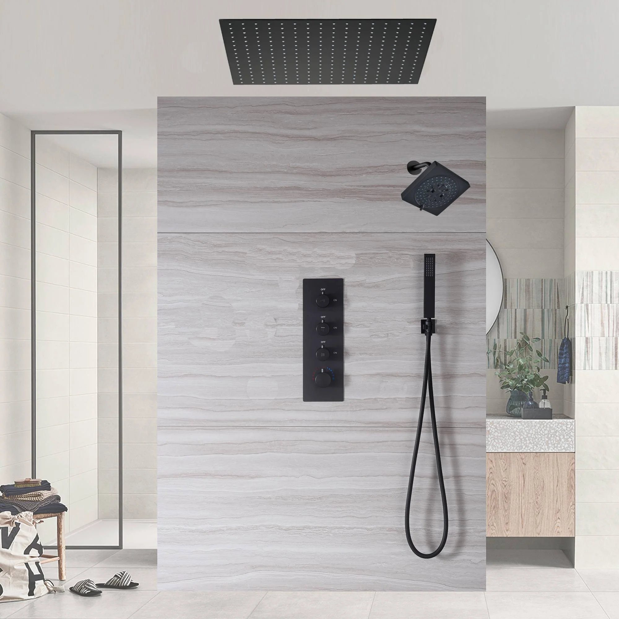 Matte Black Flush Mounted 20" or 24" Rain Head Shower with 3-Way Thermostatic System - Image 8