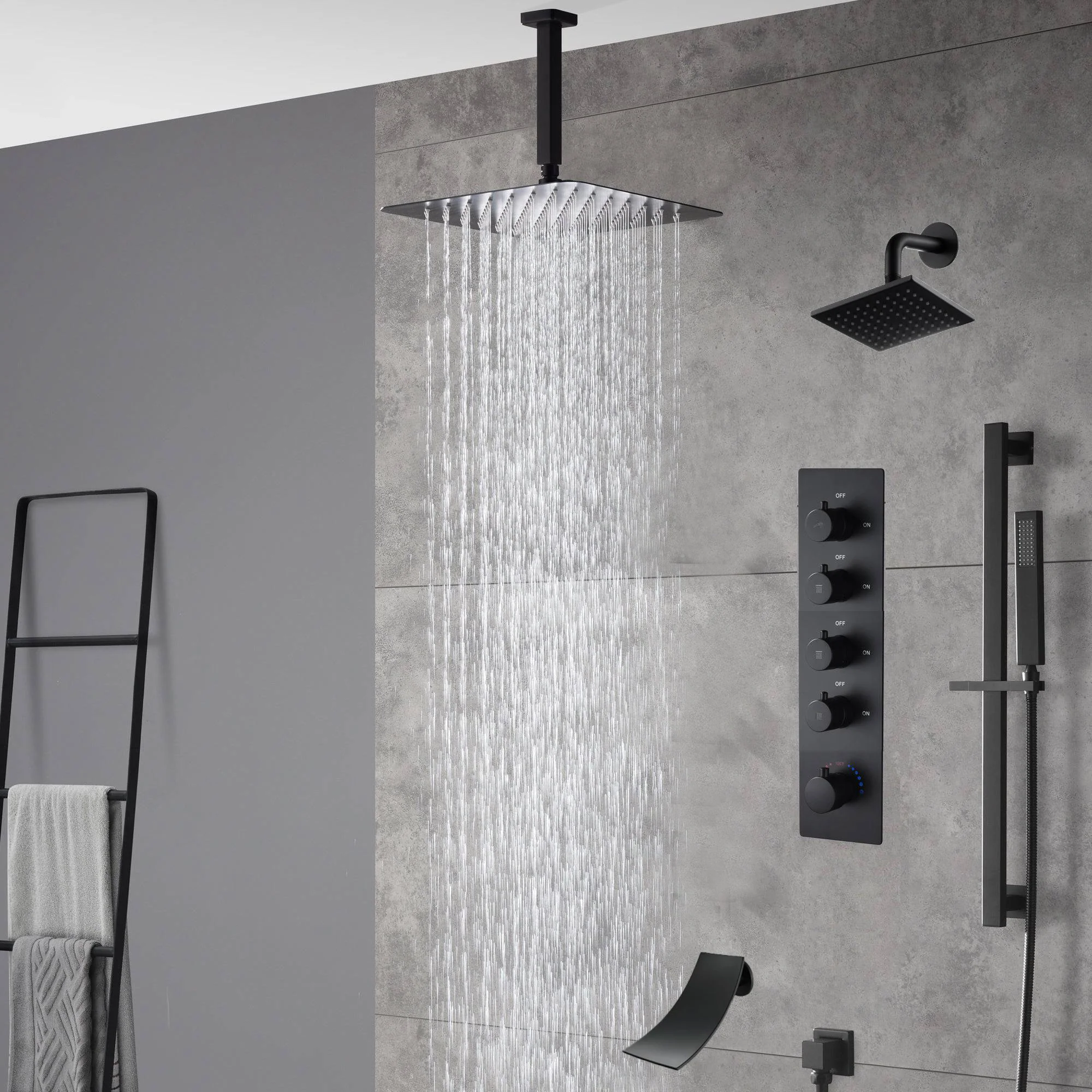 Matte Black Ceiling-Mounted 4-Way Thermostatic Shower System with Regular and Rainfall Heads 12'' or 16'' And Tub Spout - Image 2