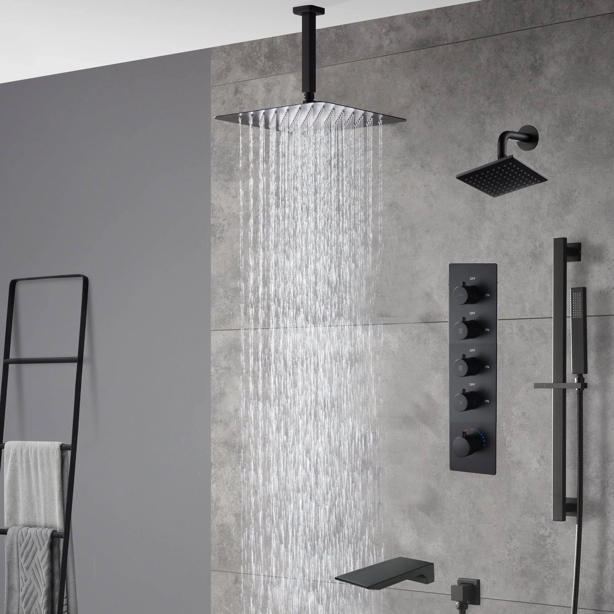 Matte Black Ceiling-Mounted 4-Way Thermostatic Shower System with Regular and Rainfall Heads 12'' or 16'' And Tub Spout - Image 3