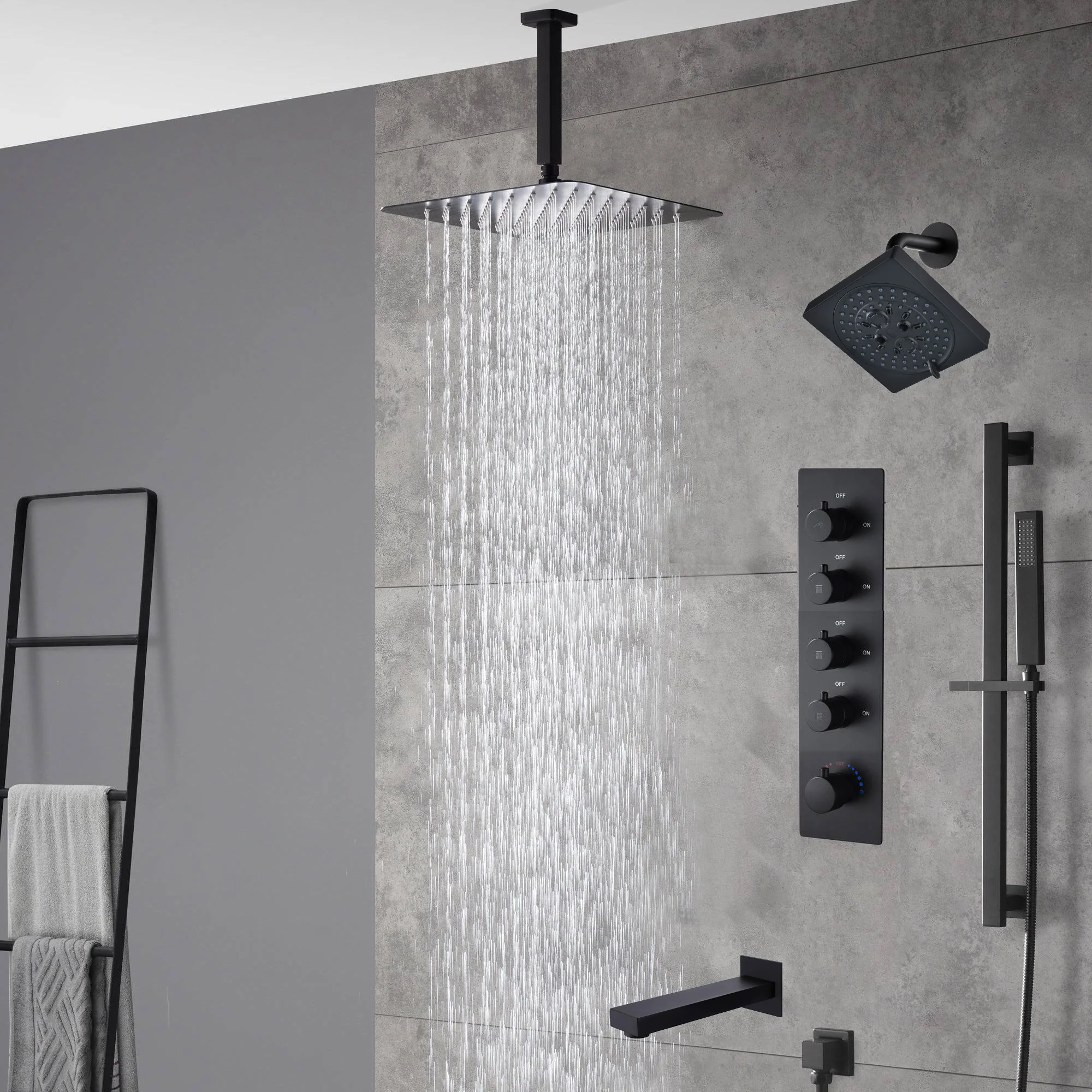 Matte Black Ceiling-Mounted 4-Way Thermostatic Shower System with Regular and Rainfall Heads 12'' or 16'' And Tub Spout - Image 4