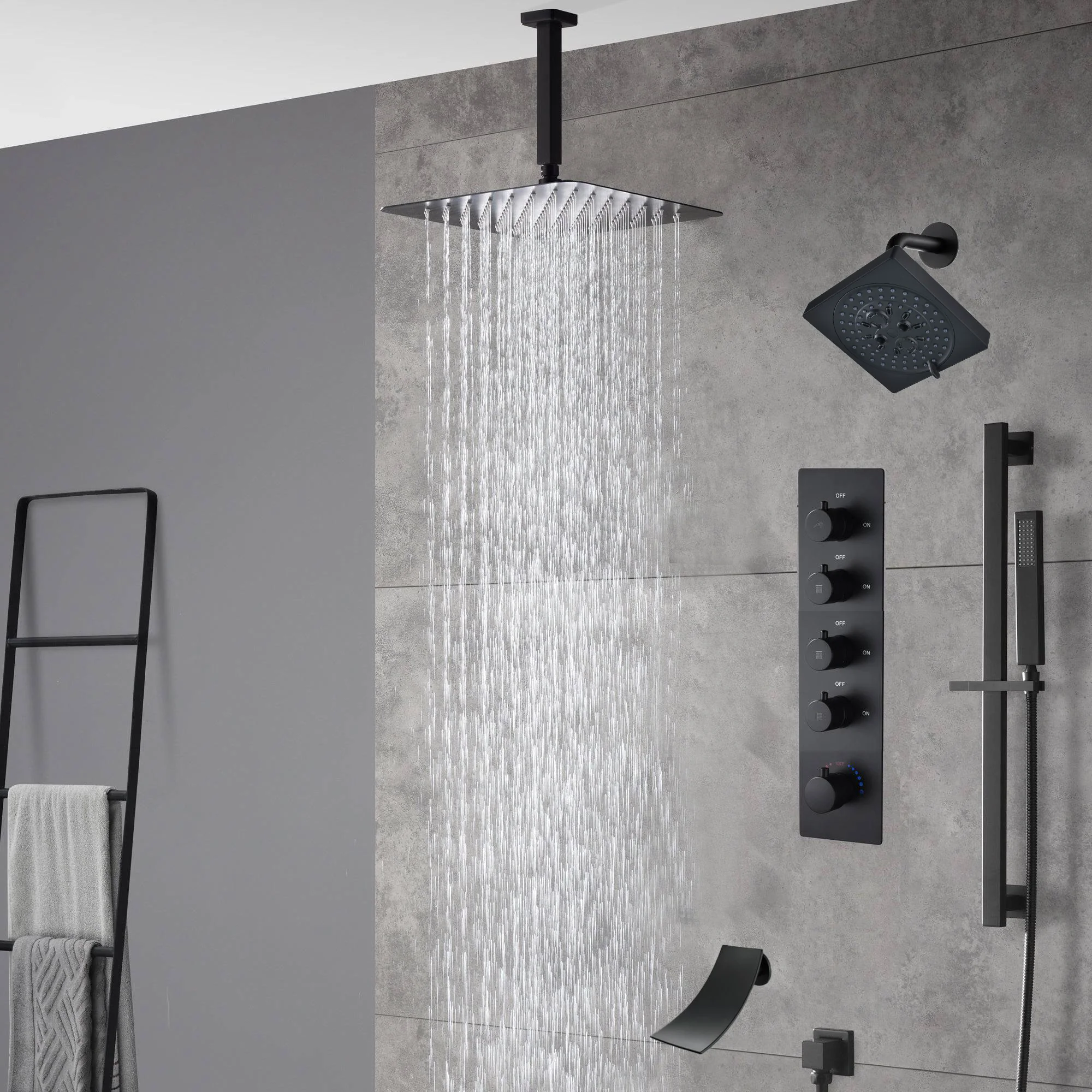 Matte Black Ceiling-Mounted 4-Way Thermostatic Shower System with Regular and Rainfall Heads 12'' or 16'' And Tub Spout - Image 5