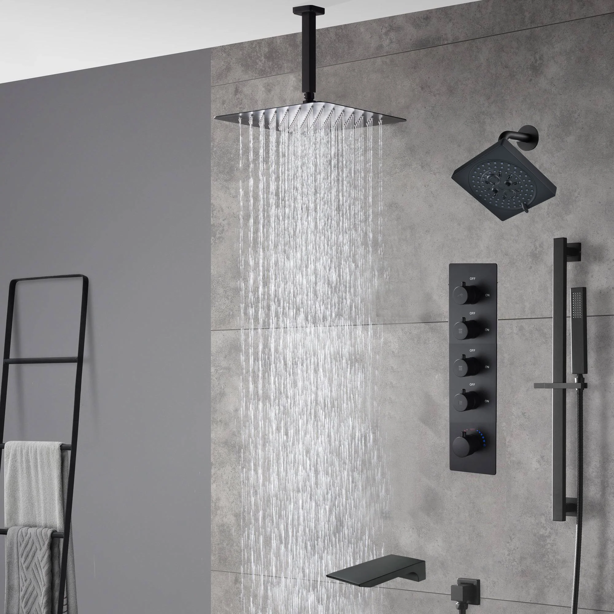 Matte Black Ceiling-Mounted 4-Way Thermostatic Shower System with Regular and Rainfall Heads 12'' or 16'' And Tub Spout - Image 6