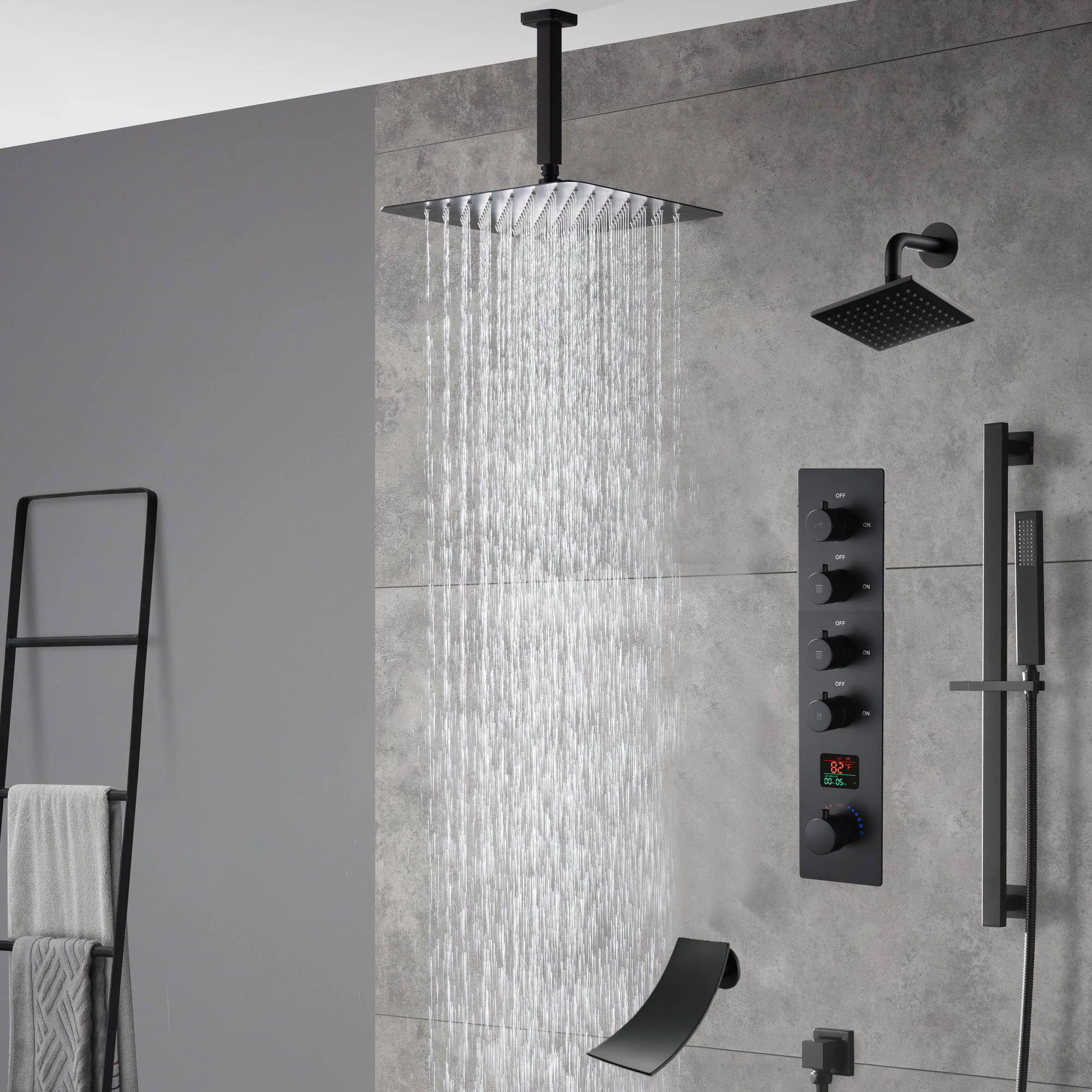 Matte Black Ceiling-Mounted 4-Way Digital Thermostatic Shower System with Regular and Rainfall Heads 12'' or 16'' And Tub Spout - Image 2