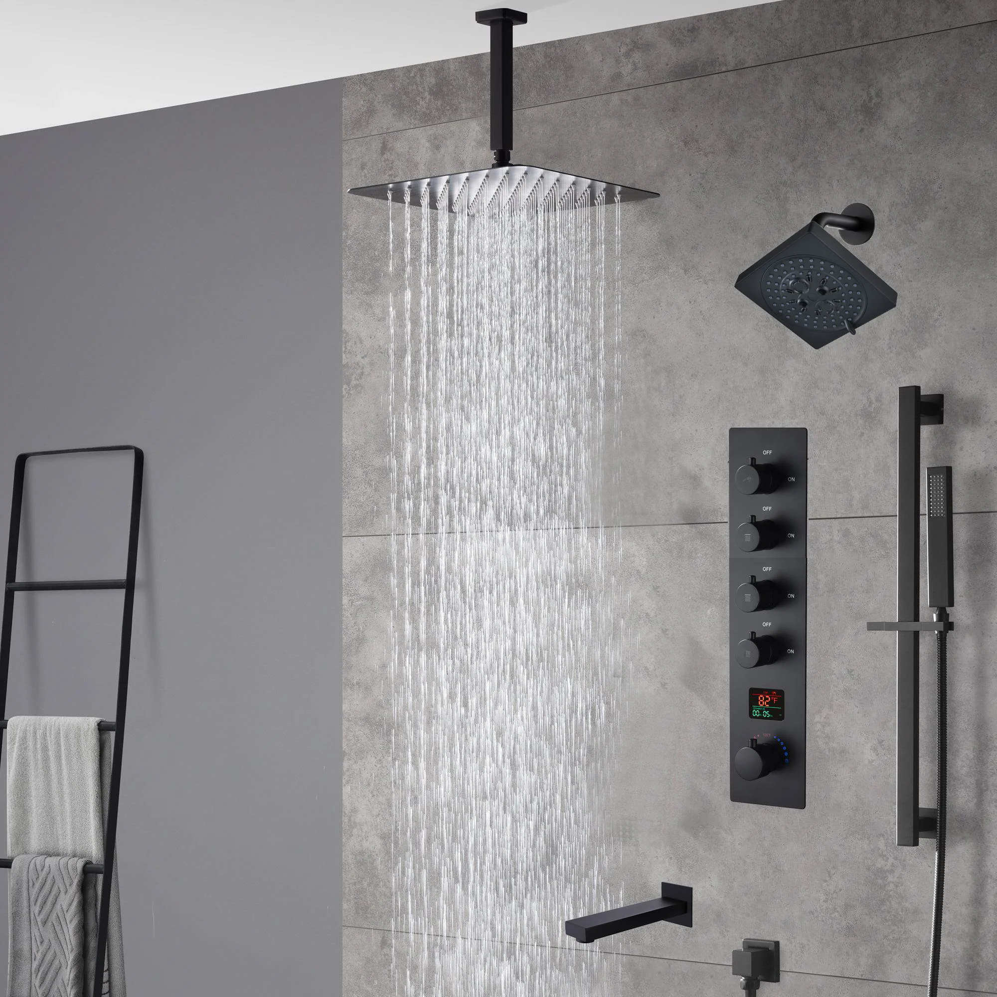 Matte Black Ceiling-Mounted 4-Way Digital Thermostatic Shower System with Regular and Rainfall Heads 12'' or 16'' And Tub Spout - Image 4