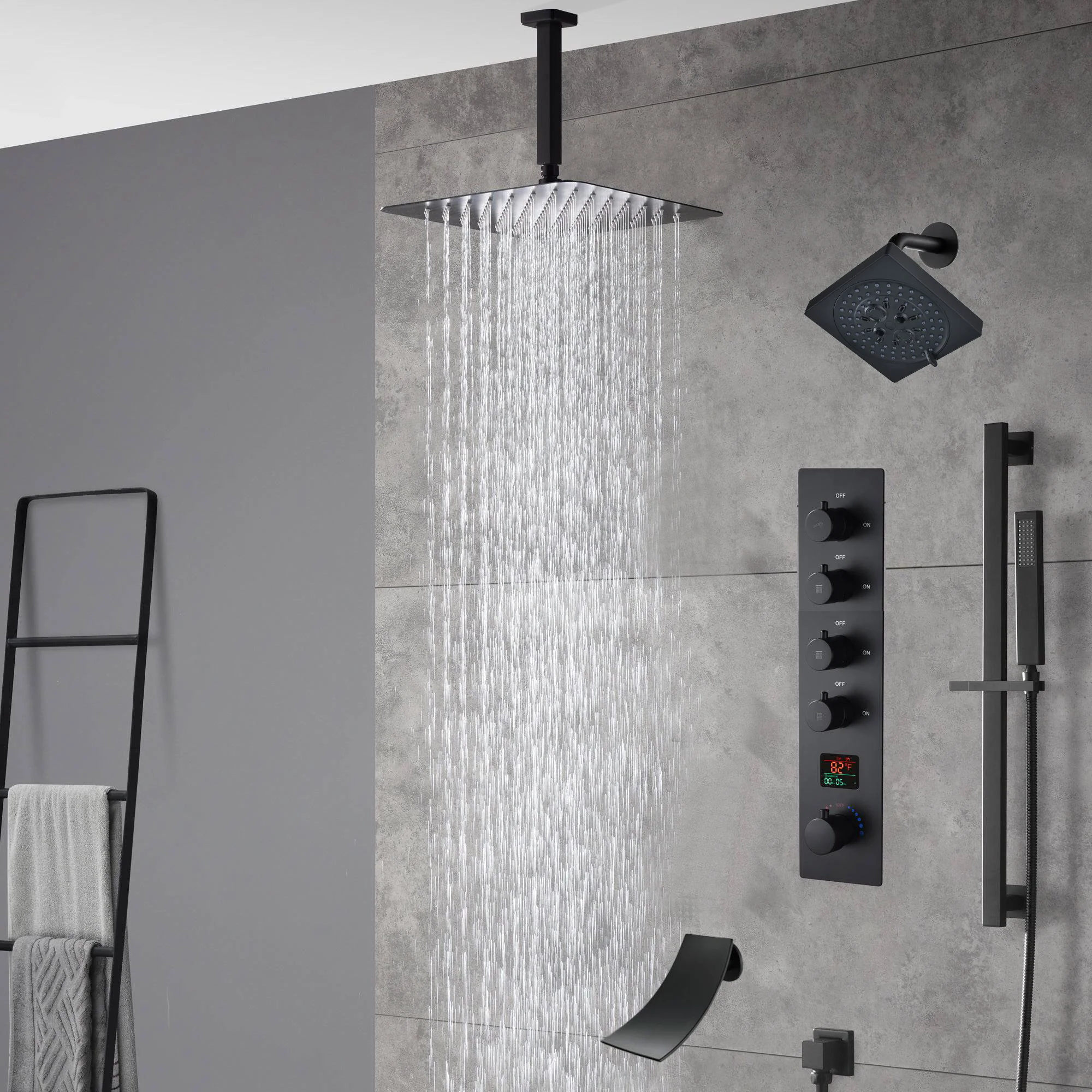 Matte Black Ceiling-Mounted 4-Way Digital Thermostatic Shower System with Regular and Rainfall Heads 12'' or 16'' And Tub Spout - Image 5
