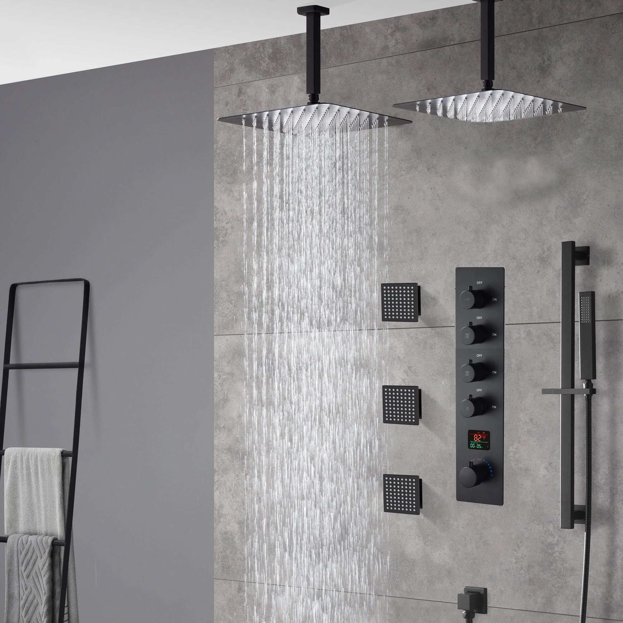 Matte Black Ceiling-Mounted 4-Way Digital Thermostatic Shower System with Dual Rainfall Heads 12'' or 16'' - Image 2