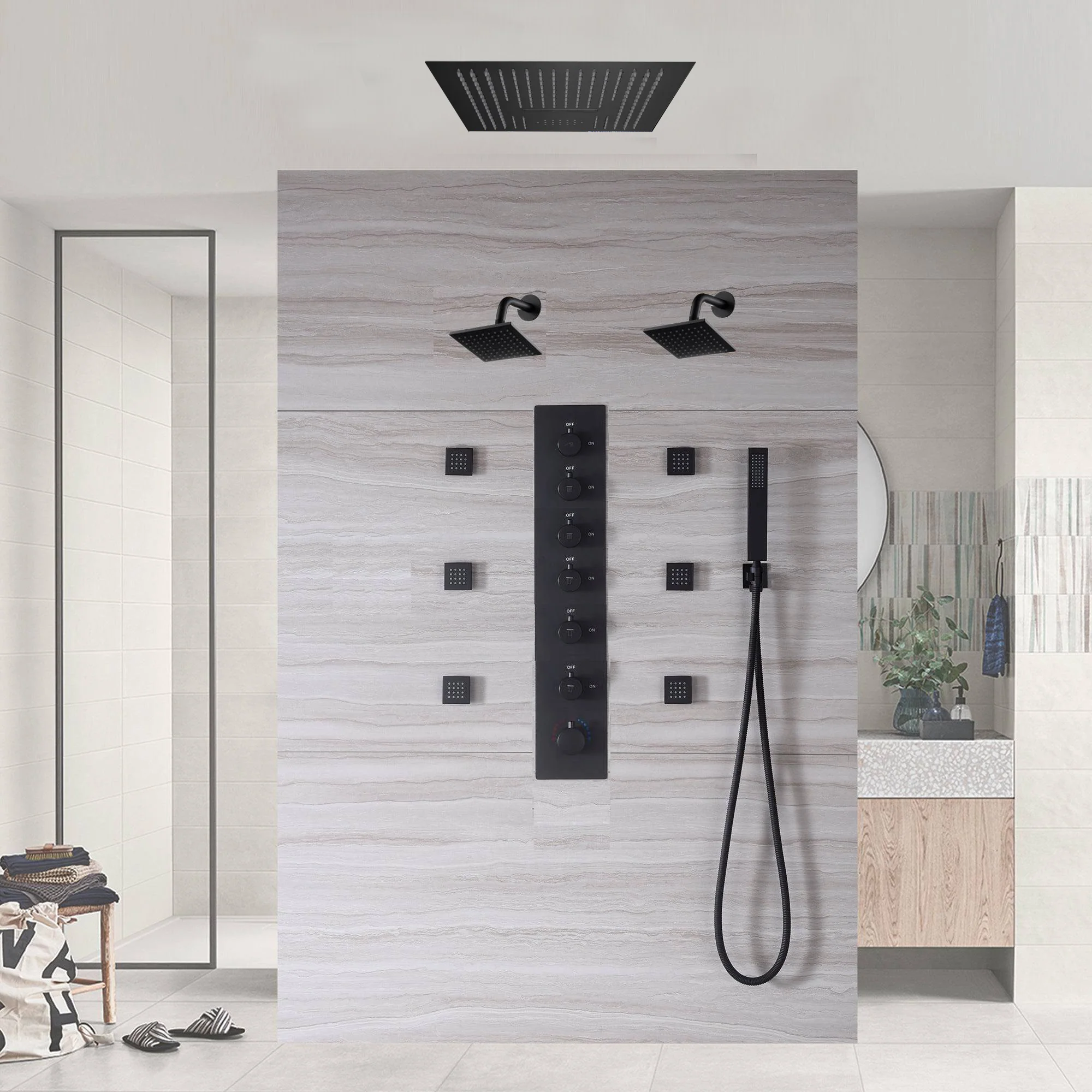Matte Black LED Music Shower System: 16" with 6-Way Digital Thermostatic Control, Body Jets - Image 2