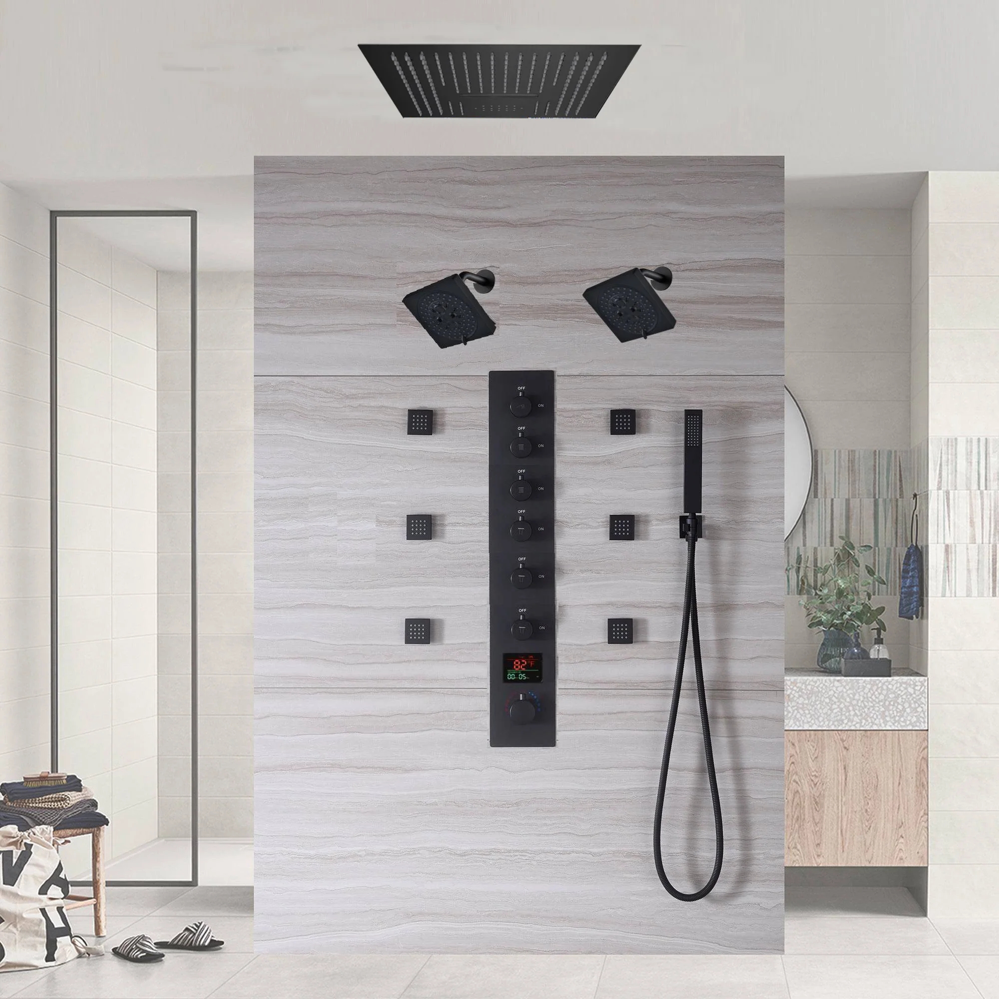 Matte Black LED Music Shower System: 16" with 6-Way Digital Thermostatic Control, Body Jets - Image 3