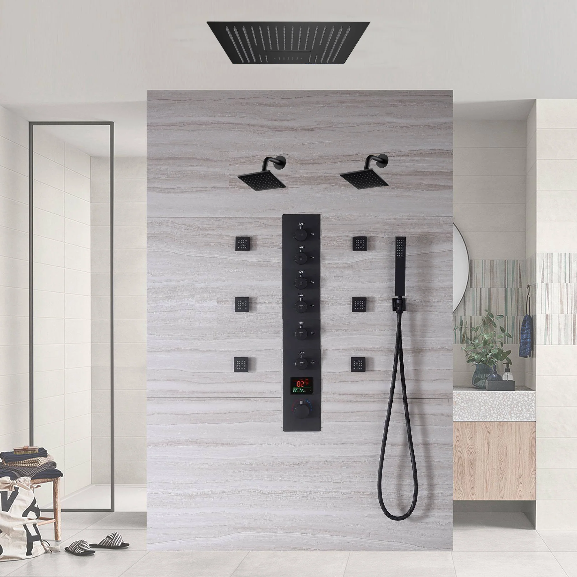 Matte Black LED Music Shower System: 16" with 6-Way Digital Thermostatic Control, Body Jets - Image 4