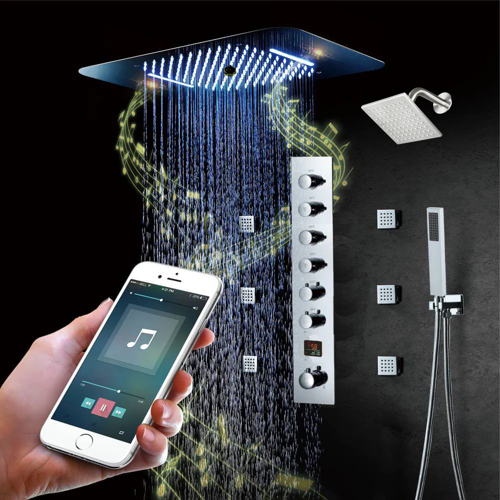 Matte Black or Brushed Gold or Brushed Nickel or Chrome  LED Music Shower System 23 x 15 inch with 6-Way Digital Thermostatic Control, Body Jets - Image 11