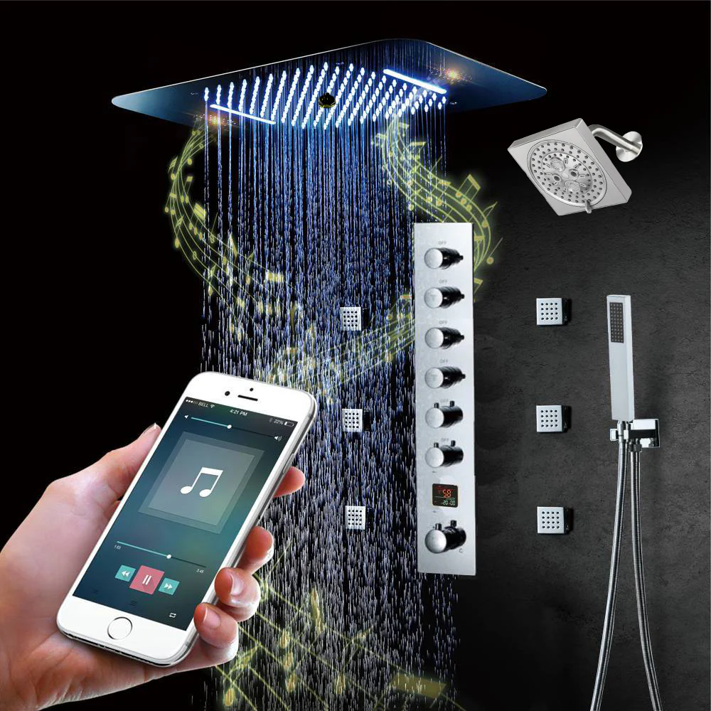 Matte Black or Brushed Gold or Brushed Nickel or Chrome  LED Music Shower System 23 x 15 inch with 6-Way Digital Thermostatic Control, Body Jets - Image 12