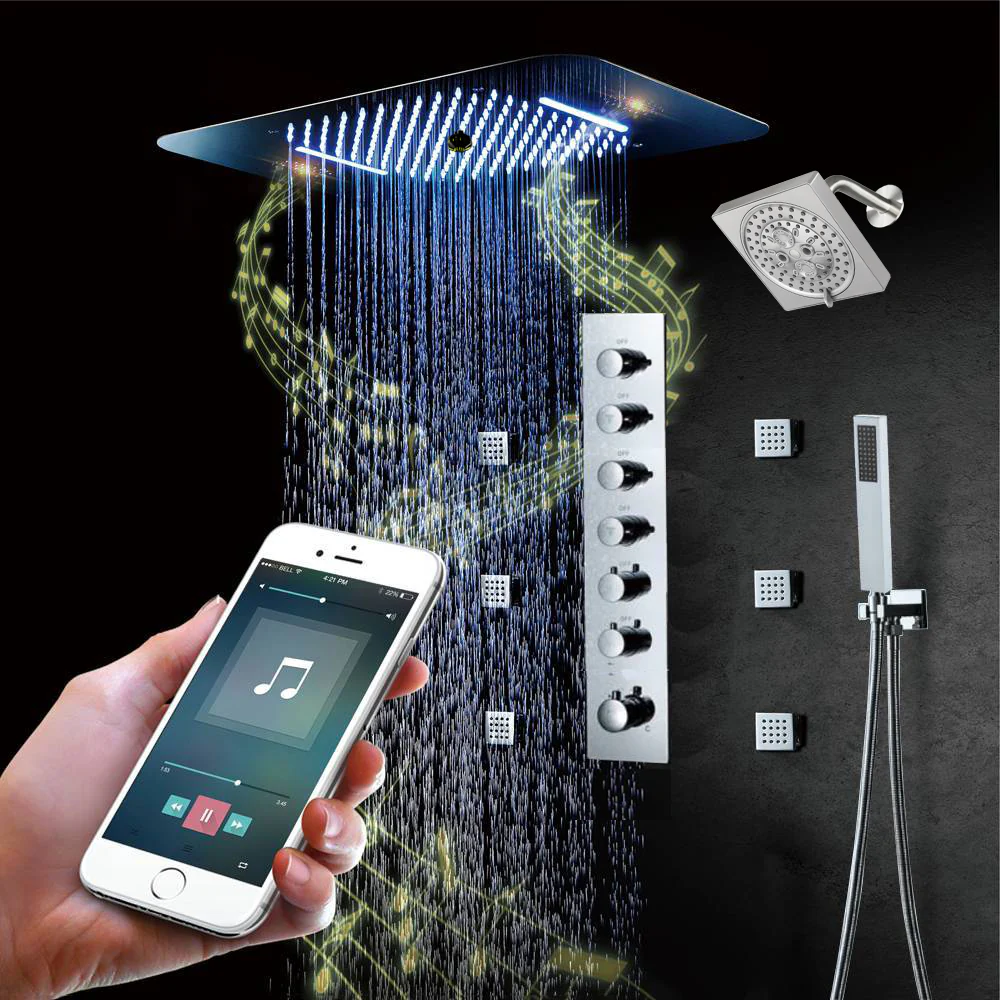 Matte Black or Brushed Gold or Brushed Nickel or Chrome  LED Music Shower System 23 x 15 inch with 6-Way Digital Thermostatic Control, Body Jets - Image 14