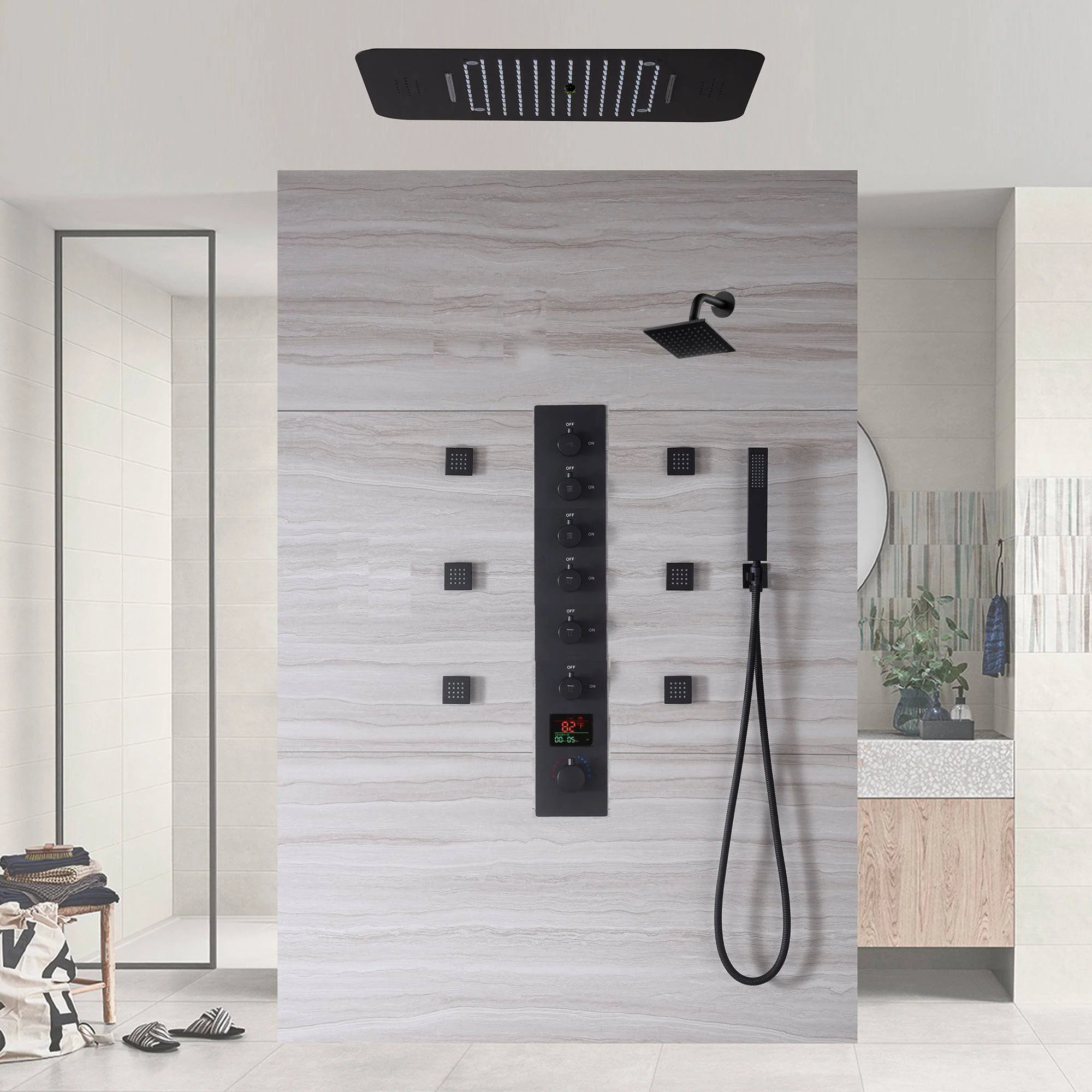 Matte Black or Brushed Gold or Brushed Nickel or Chrome  LED Music Shower System 23 x 15 inch with 6-Way Digital Thermostatic Control, Body Jets - Image 2