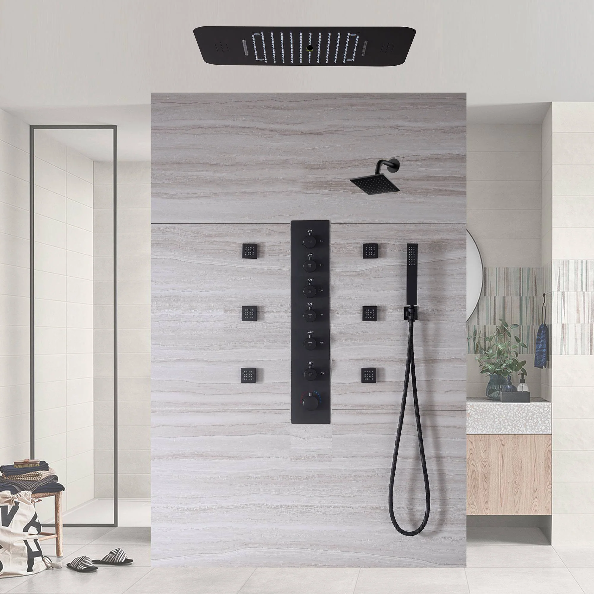 Matte Black or Brushed Gold or Brushed Nickel or Chrome  LED Music Shower System 23 x 15 inch with 6-Way Digital Thermostatic Control, Body Jets - Image 3