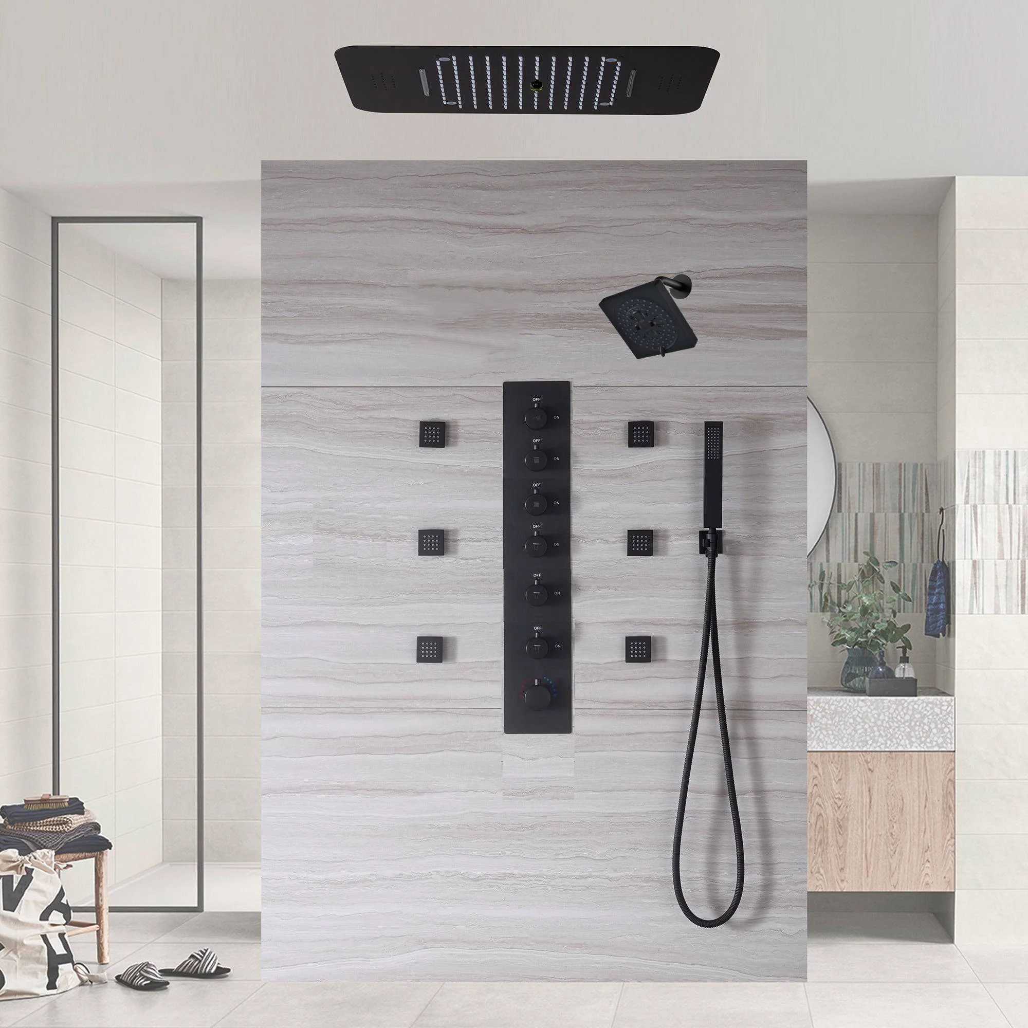 Matte Black or Brushed Gold or Brushed Nickel or Chrome  LED Music Shower System 23 x 15 inch with 6-Way Digital Thermostatic Control, Body Jets - Image 4