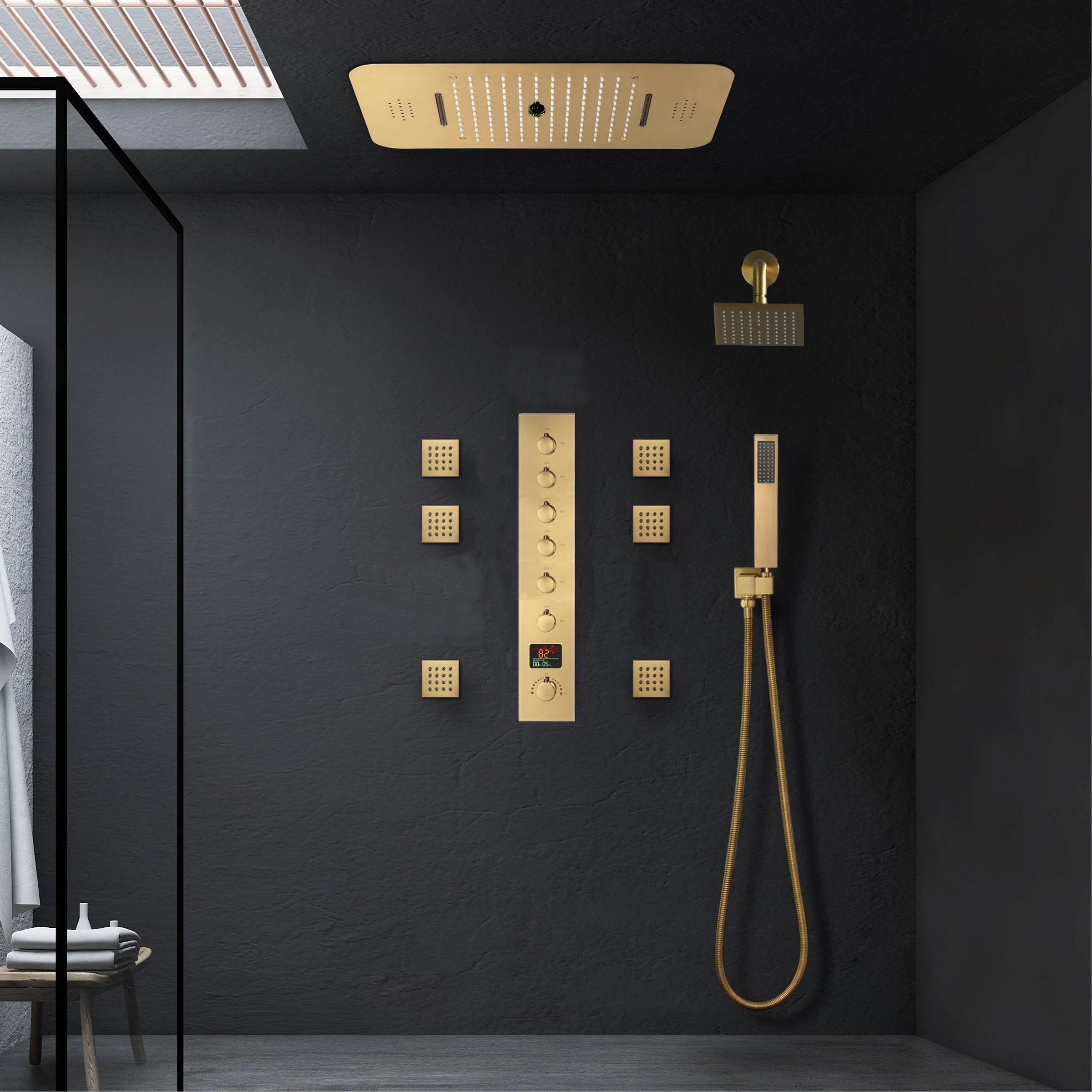 Matte Black or Brushed Gold or Brushed Nickel or Chrome  LED Music Shower System 23 x 15 inch with 6-Way Digital Thermostatic Control, Body Jets - Image 6