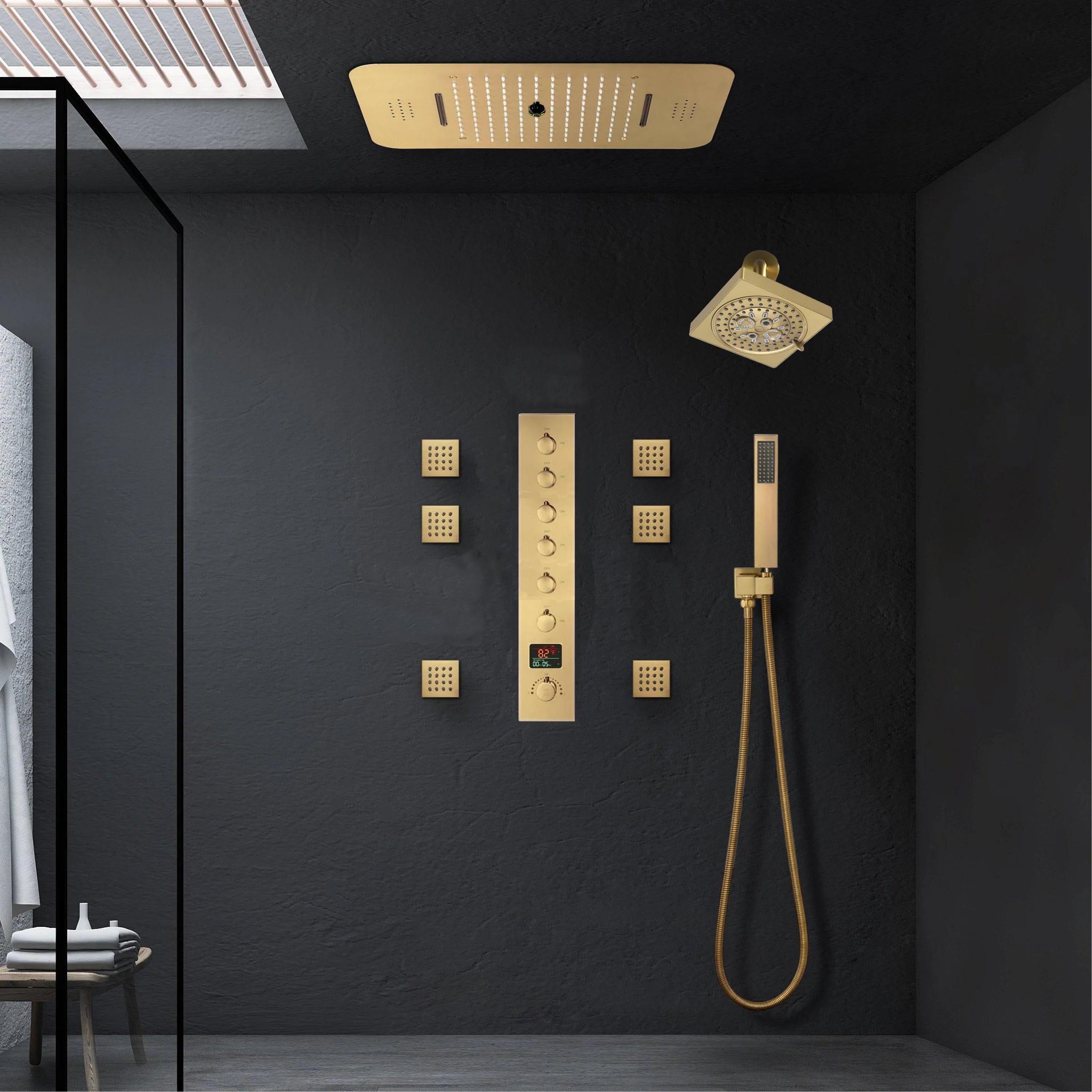 Matte Black or Brushed Gold or Brushed Nickel or Chrome  LED Music Shower System 23 x 15 inch with 6-Way Digital Thermostatic Control, Body Jets - Image 7