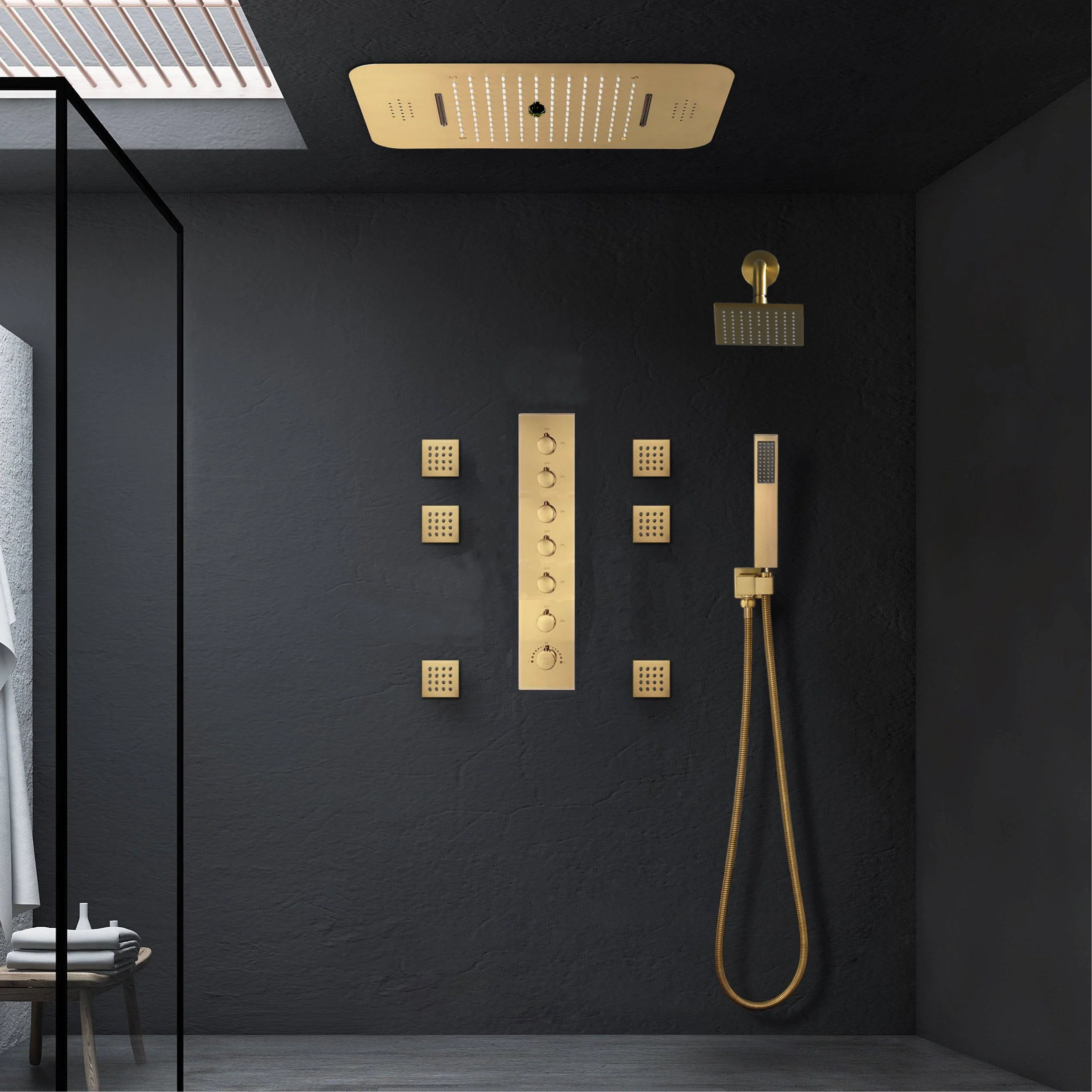 Matte Black or Brushed Gold or Brushed Nickel or Chrome  LED Music Shower System 23 x 15 inch with 6-Way Digital Thermostatic Control, Body Jets - Image 8