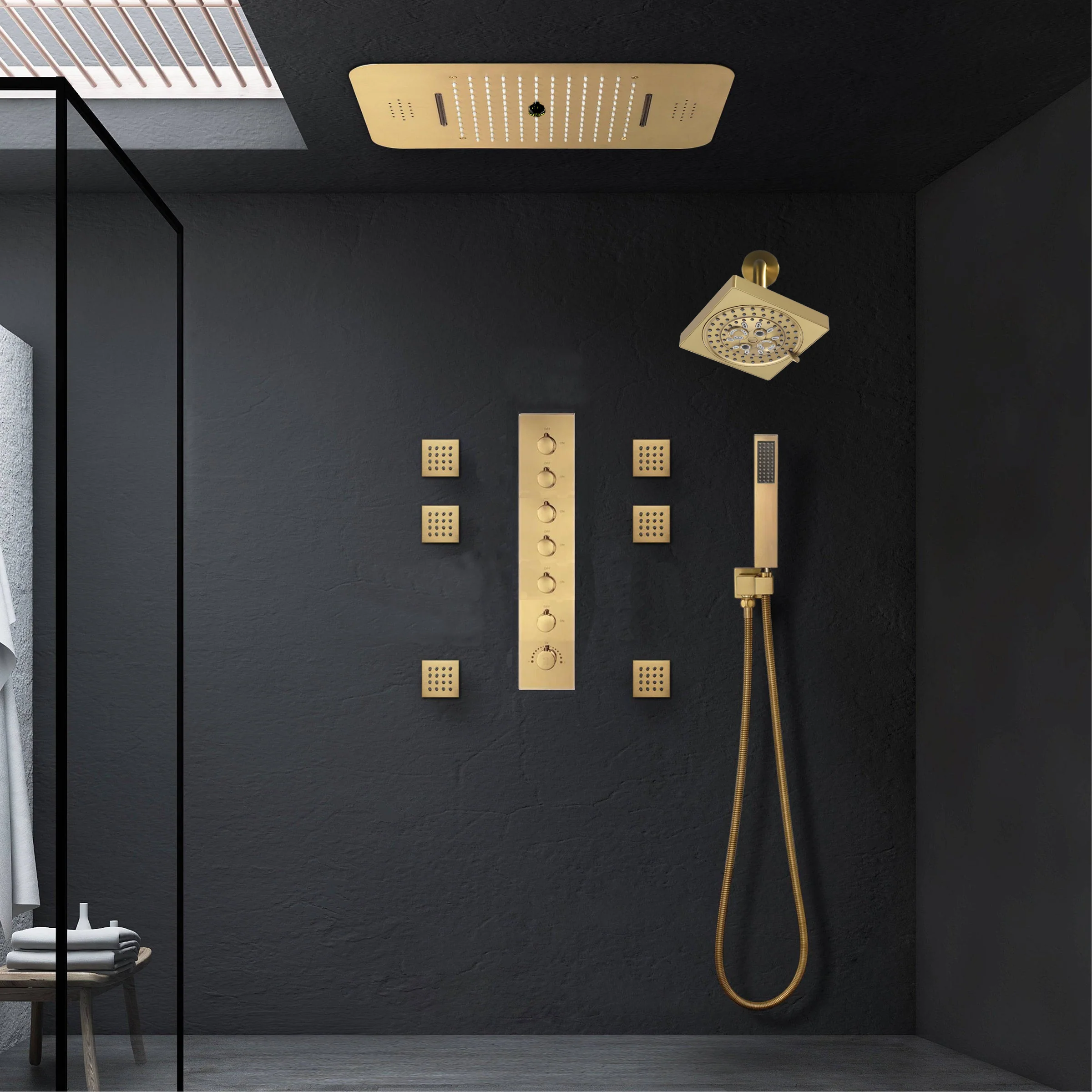 Matte Black or Brushed Gold or Brushed Nickel or Chrome  LED Music Shower System 23 x 15 inch with 6-Way Digital Thermostatic Control, Body Jets - Image 9