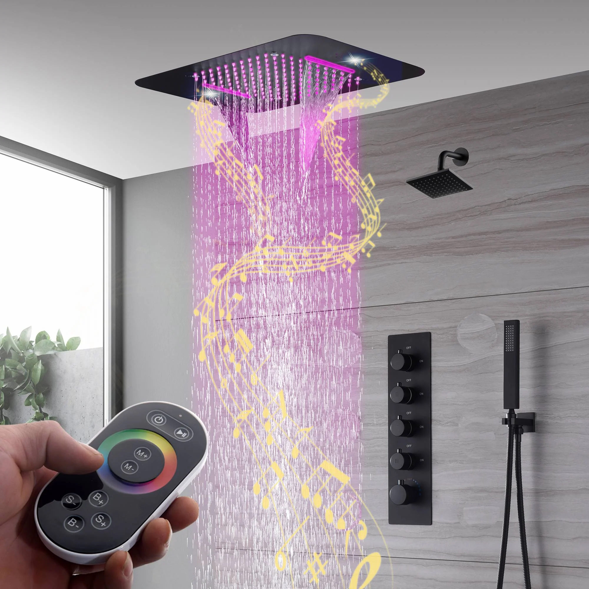 Matte Black 23x15" LED Music Shower Head with 4-Way Thermostatic System - Image 3