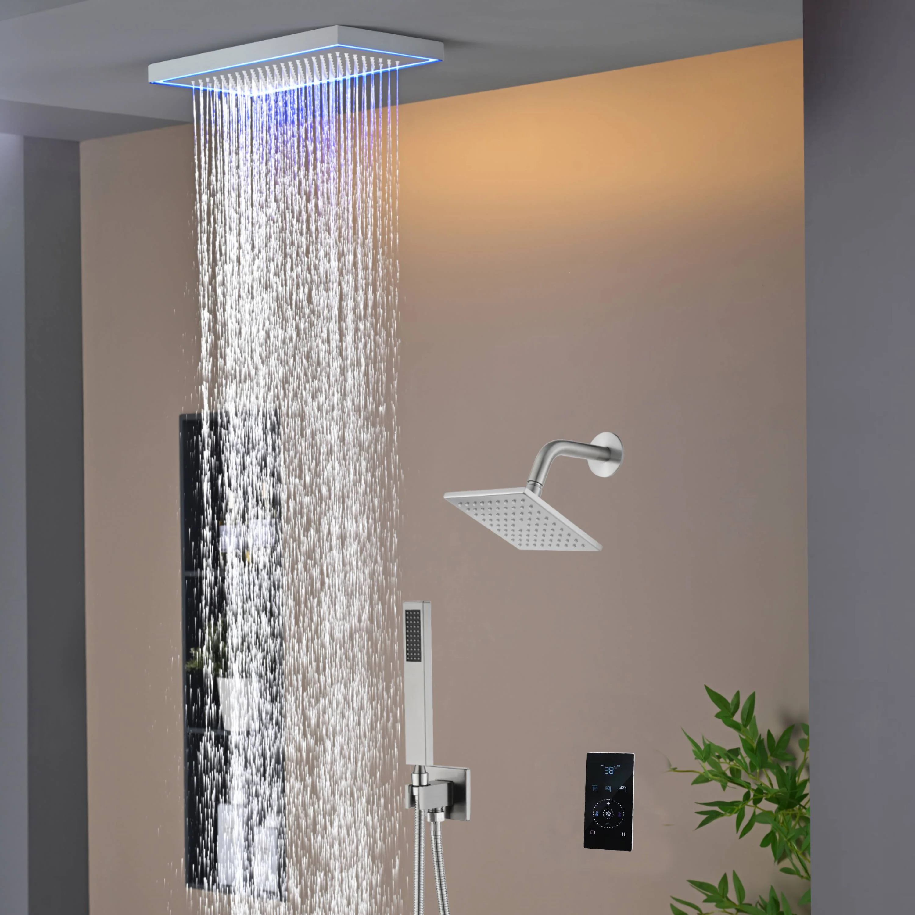 Matte Black or Brushed Gold or Brushed Nickel 16 x 8 inch rainfall Flush mount Shower Head 3-Way digital display touch panel Shower Faucet with 6'' regular head