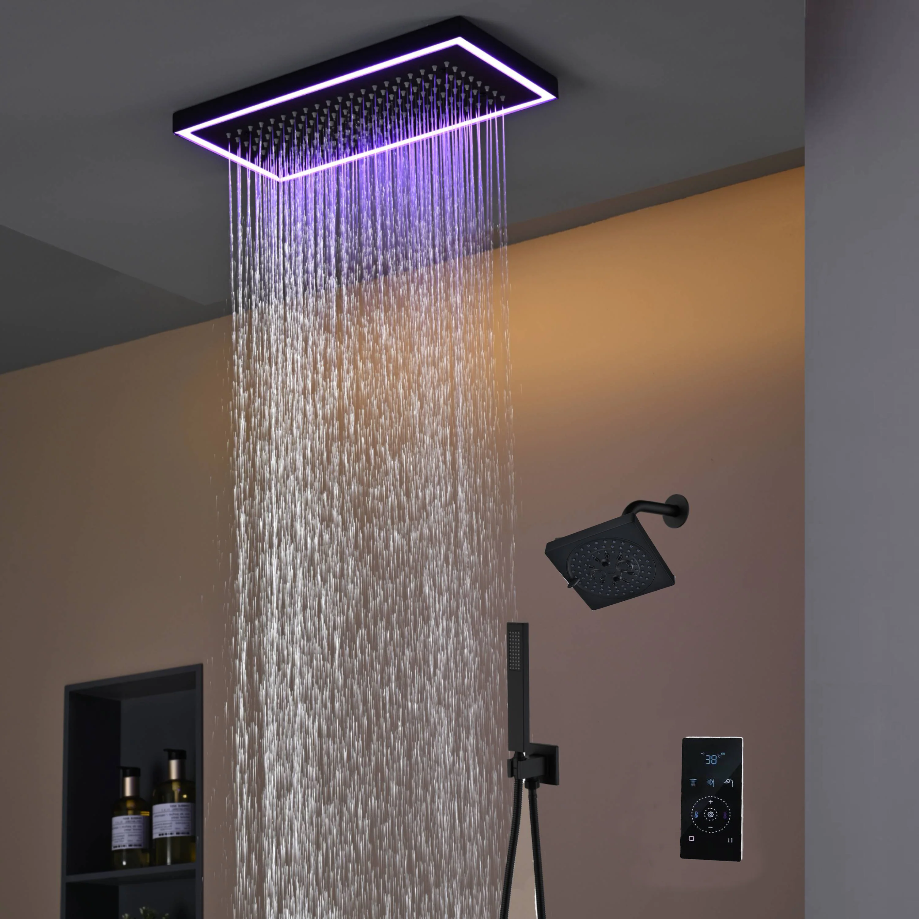 Matte Black or Brushed Gold or Brushed Nickel 16 x 8 inch rainfall Flush mount Shower Head 3-Way digital display touch panel Shower Faucet with 6'' regular head - Image 16