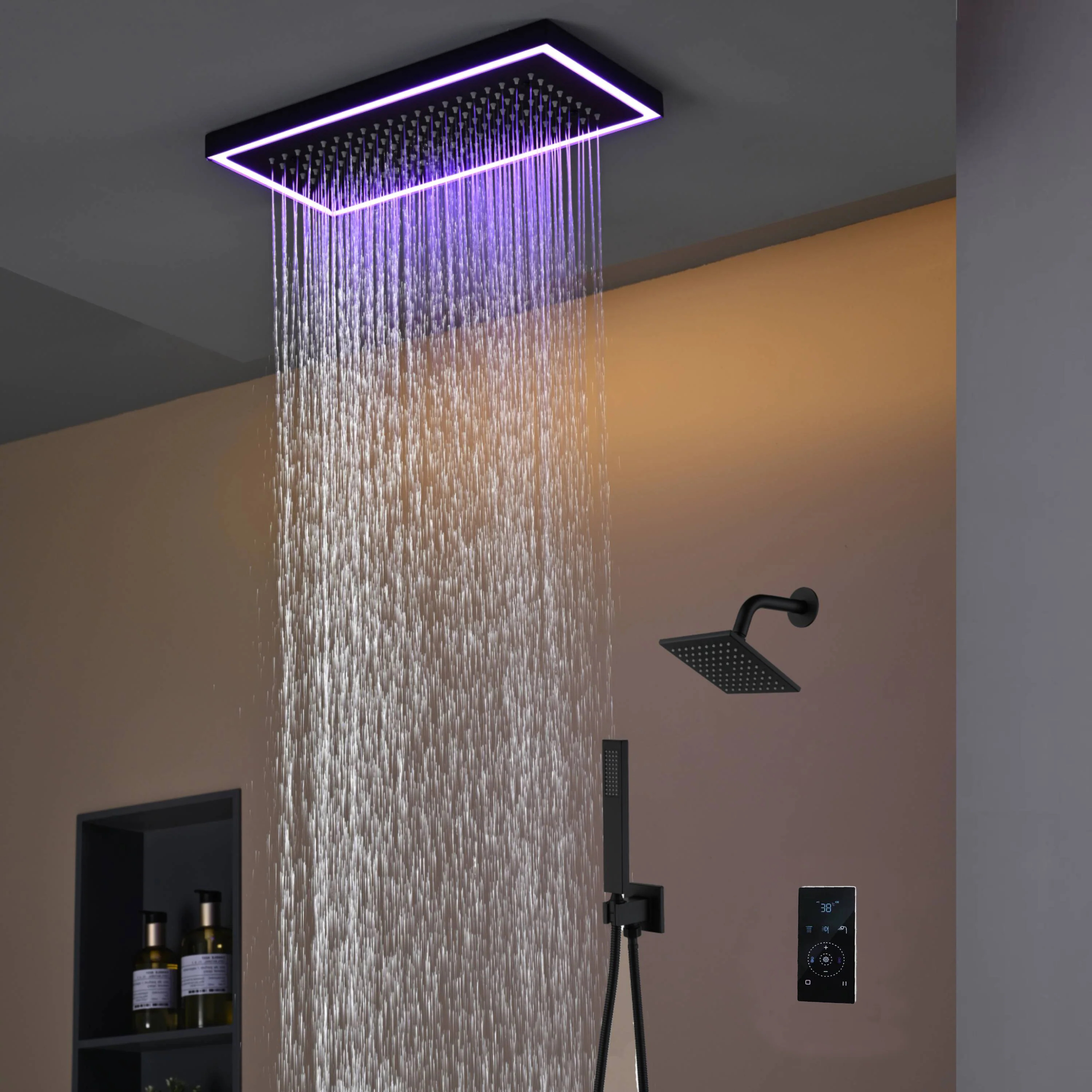 Matte Black or Brushed Gold or Brushed Nickel 16 x 8 inch rainfall Flush mount Shower Head 3-Way digital display touch panel Shower Faucet with 6'' regular head - Image 17