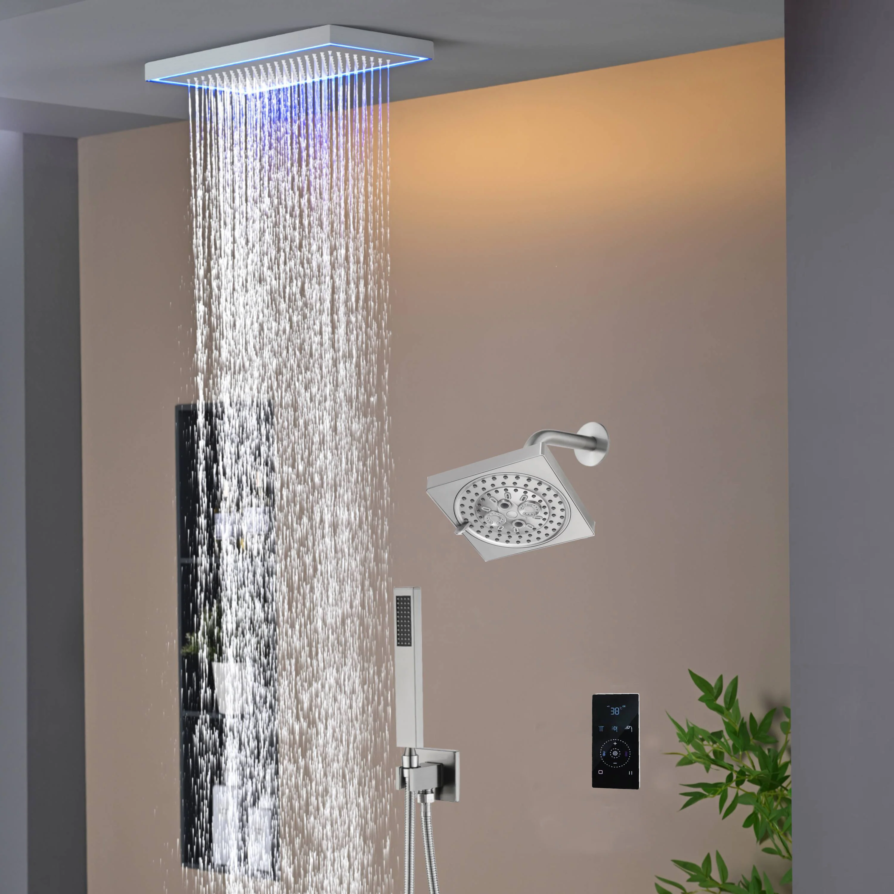 Matte Black or Brushed Gold or Brushed Nickel 16 x 8 inch rainfall Flush mount Shower Head 3-Way digital display touch panel Shower Faucet with 6'' regular head - Image 2