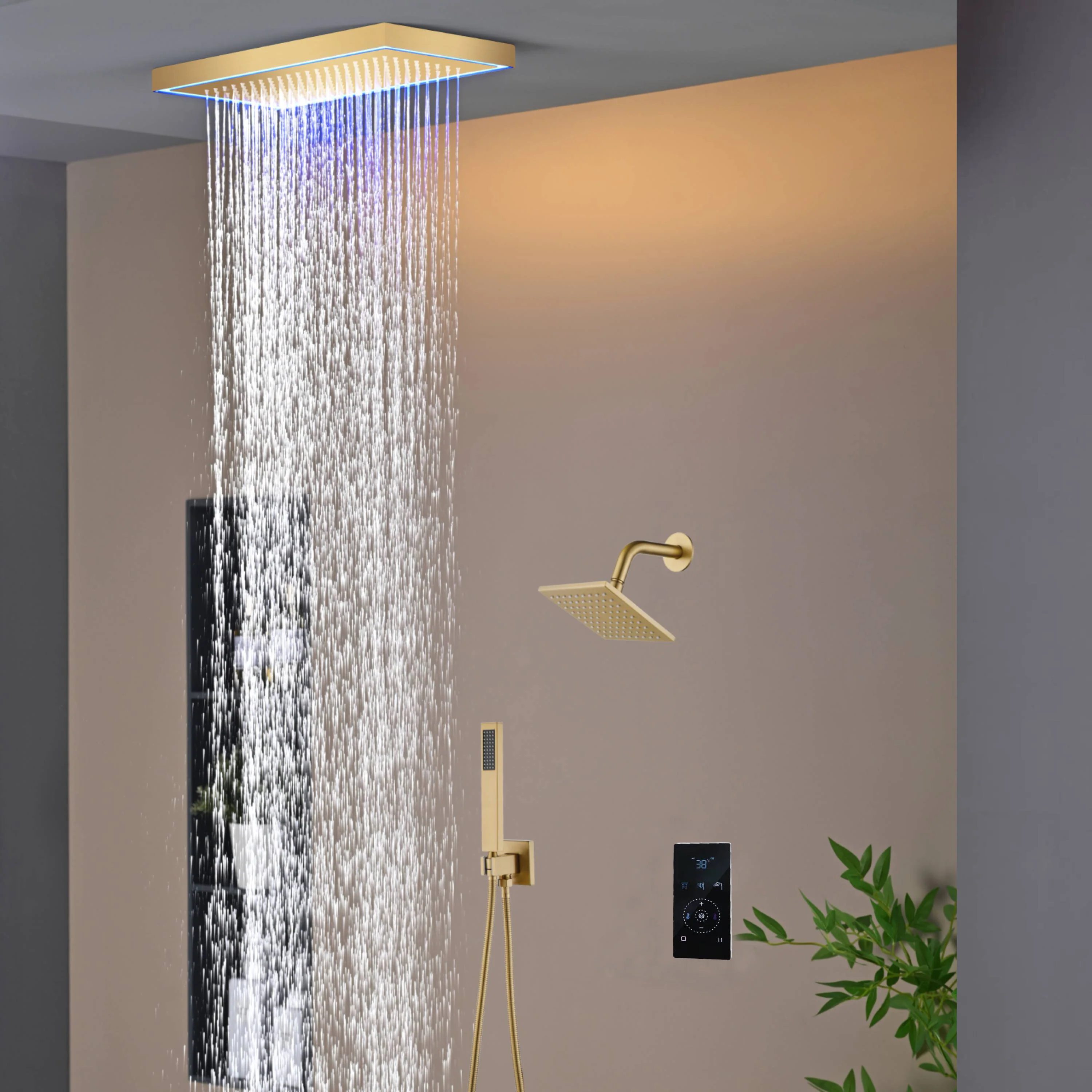 Matte Black or Brushed Gold or Brushed Nickel 16 x 8 inch rainfall Flush mount Shower Head 3-Way digital display touch panel Shower Faucet with 6'' regular head - Image 8