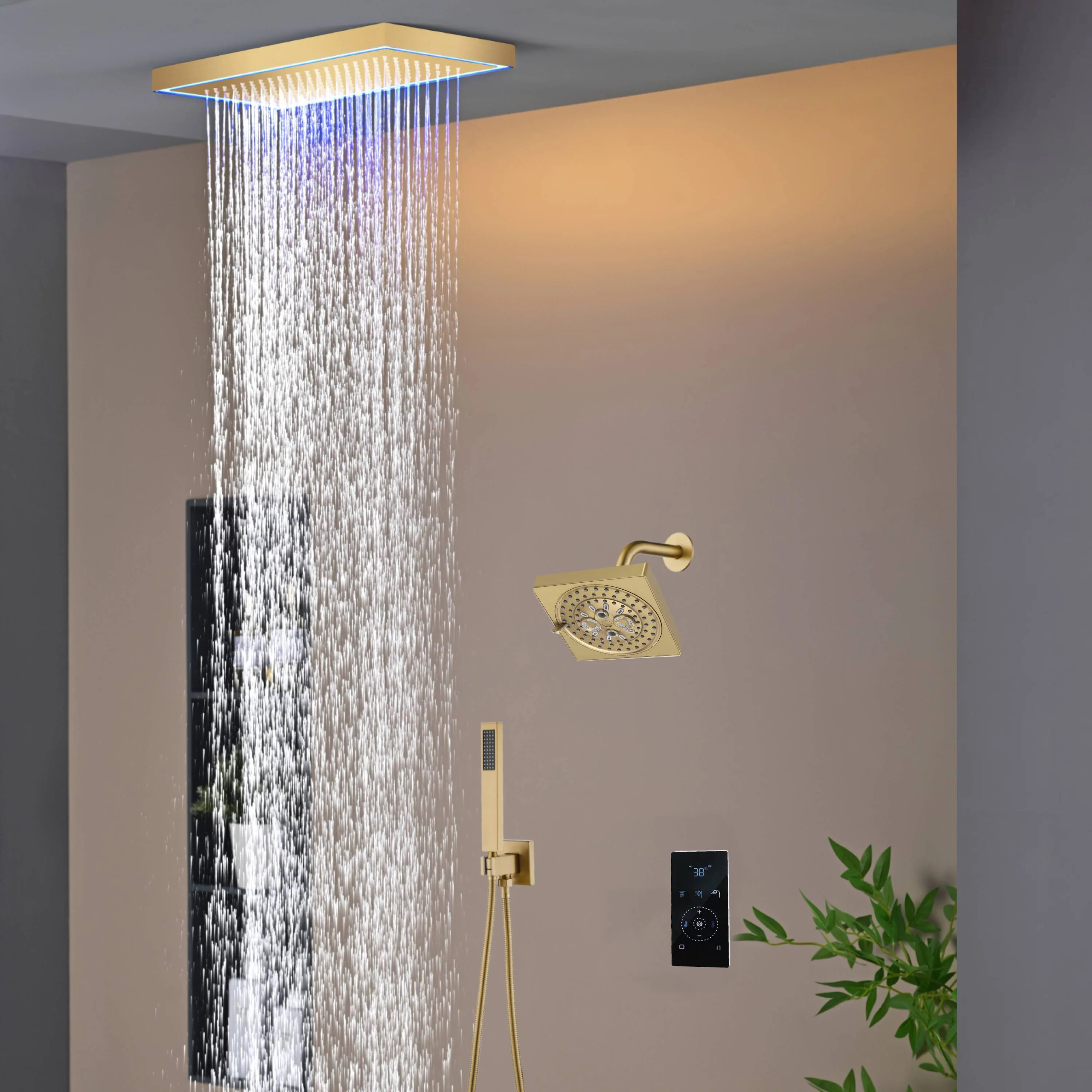 Matte Black or Brushed Gold or Brushed Nickel 16 x 8 inch rainfall Flush mount Shower Head 3-Way digital display touch panel Shower Faucet with 6'' regular head - Image 9