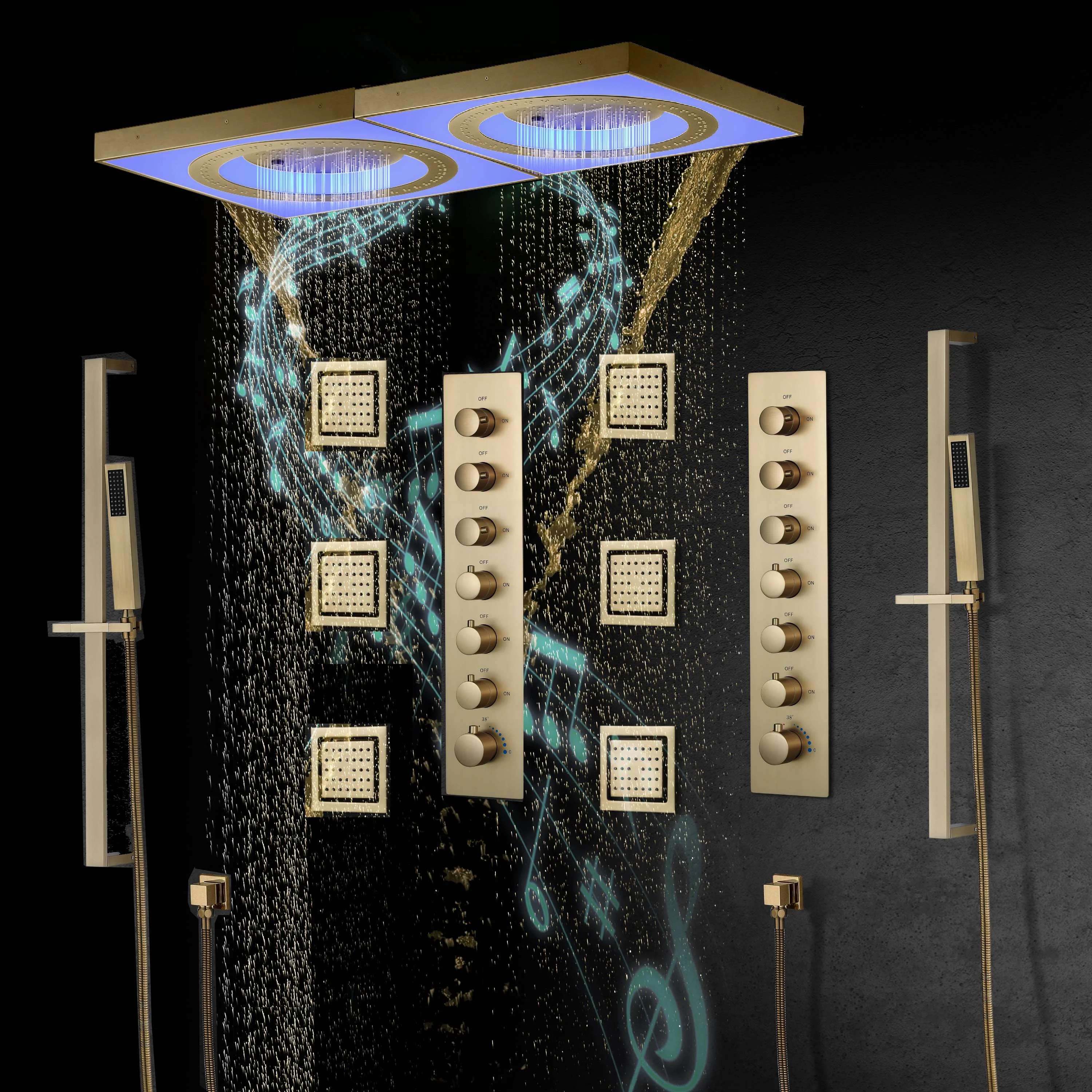48" x 24" Flush Mount Rainfall Waterfall Shower System with LED, 6-Way Thermostatic Faucet, Dual Regular Heads - Image 16