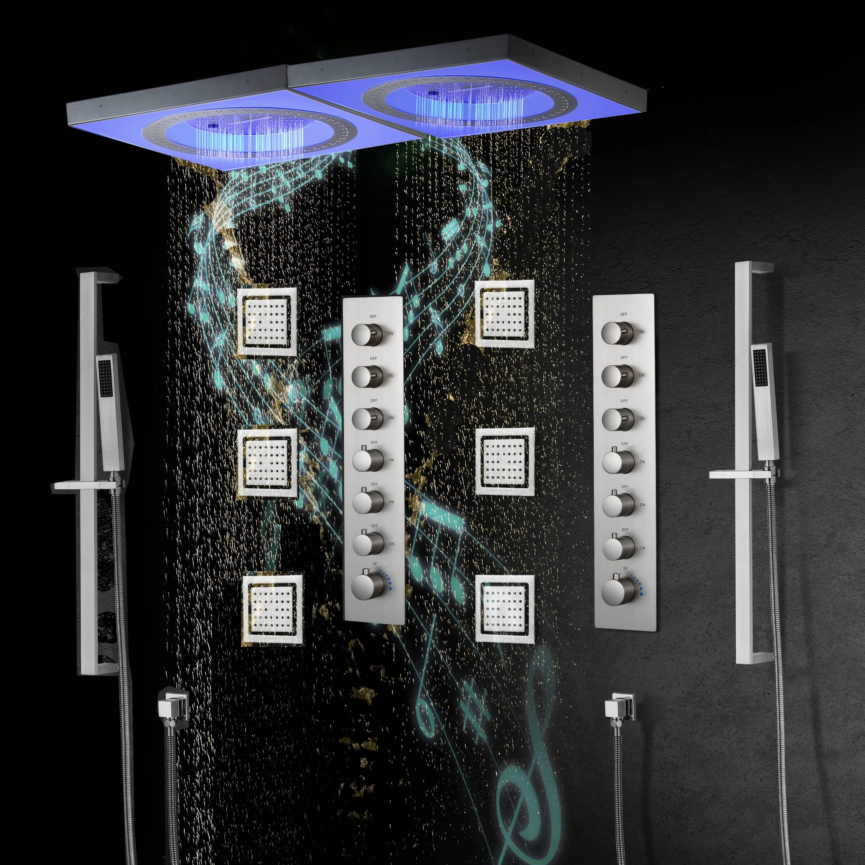 48" x 24" Flush Mount Rainfall Waterfall Shower System with LED, 6-Way Thermostatic Faucet, Dual Regular Heads - Image 28