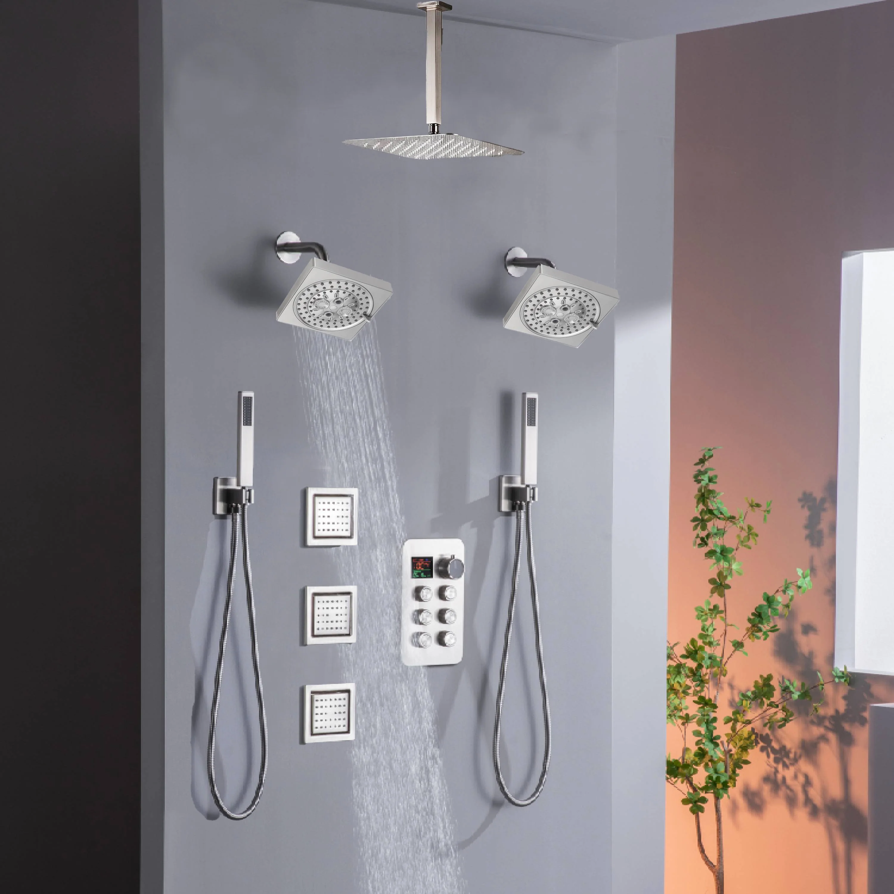 matte black or brushed gold or brushed nickel dual rainfall head 6 way digital display shower faucet with dual 6'' regular heads and Dual Handle Showers - Image 4