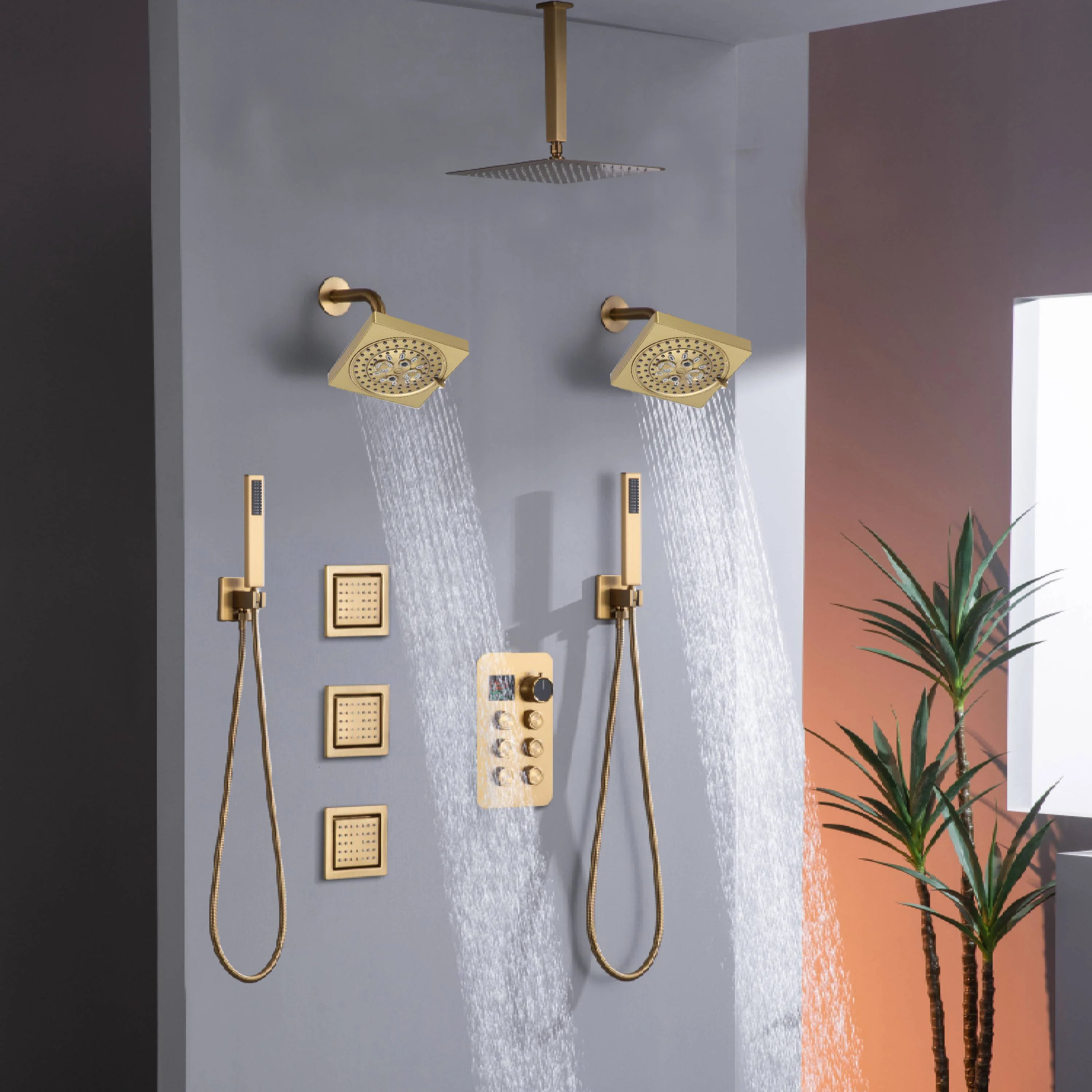 matte black or brushed gold or brushed nickel dual rainfall head 6 way digital display shower faucet with dual 6'' regular heads and Dual Handle Showers - Image 6