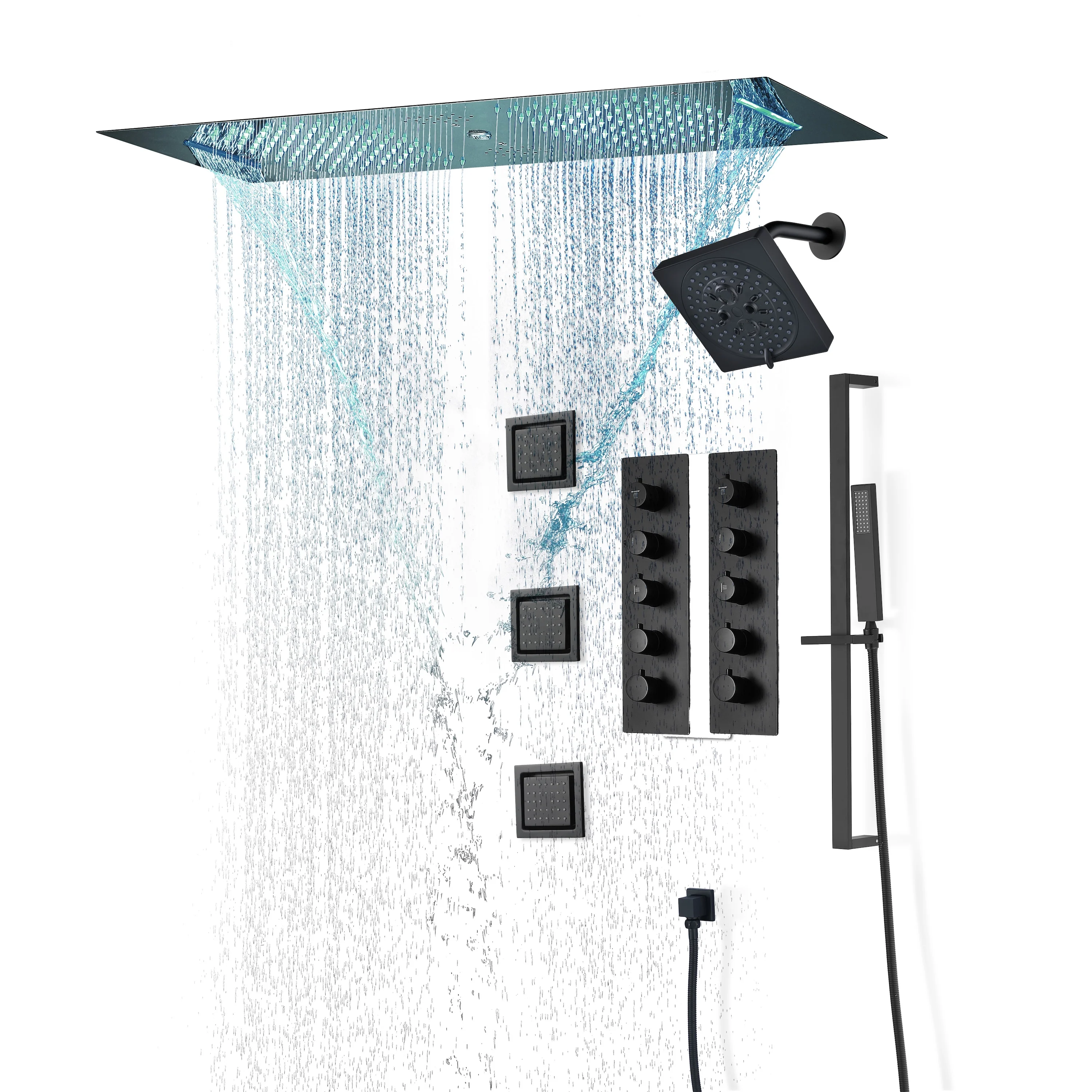 Matte Black Or Brushed nickel or Brushed Gold 35" Bluetooth Music LED Shower System with Waterfall, 8-Way Digital Thermostatic Valve, 3 Body Jets and regular head - Image 2
