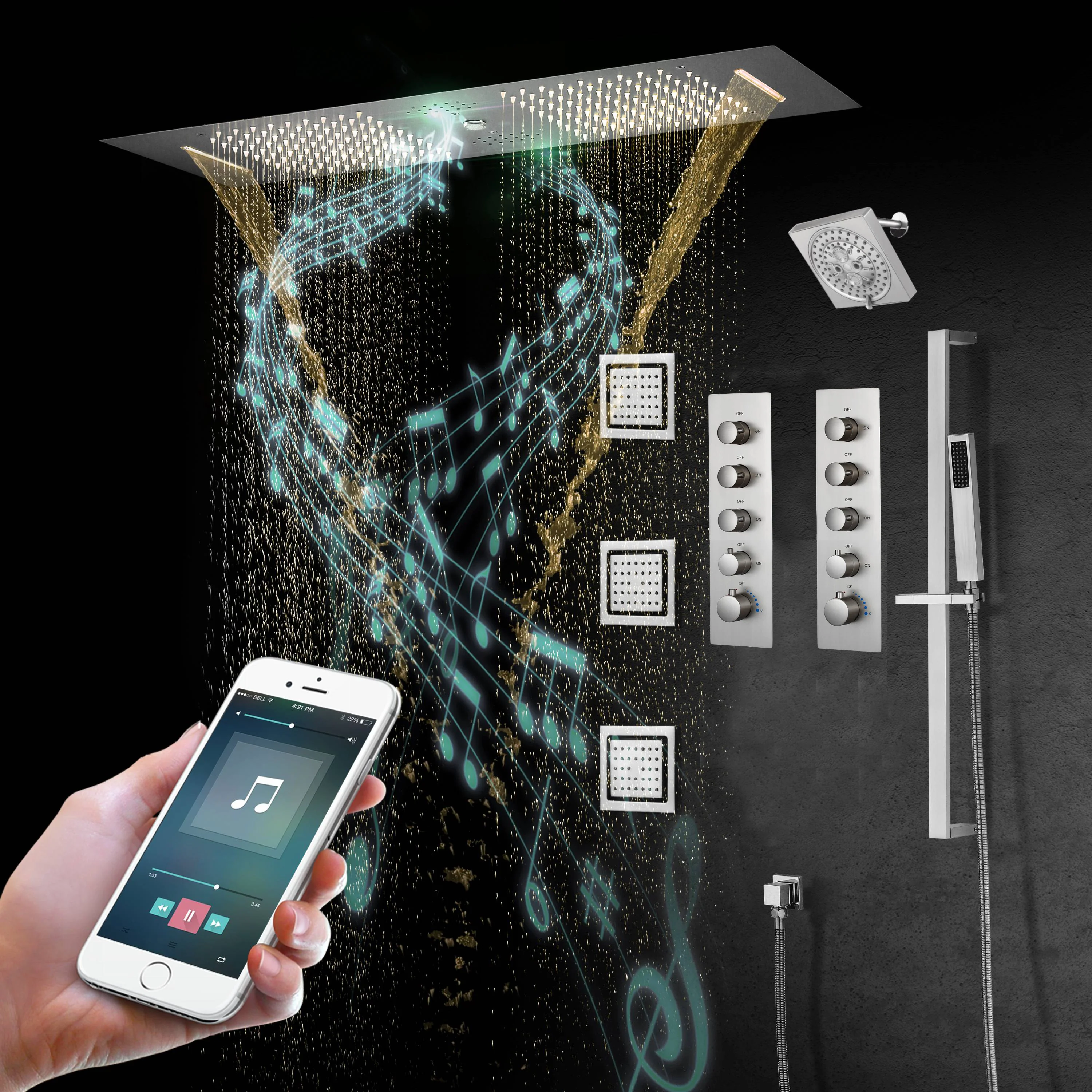 Matte Black Or Brushed nickel or Brushed Gold 35" Bluetooth Music LED Shower System with Waterfall, 8-Way Digital Thermostatic Valve, 3 Body Jets and regular head - Image 20