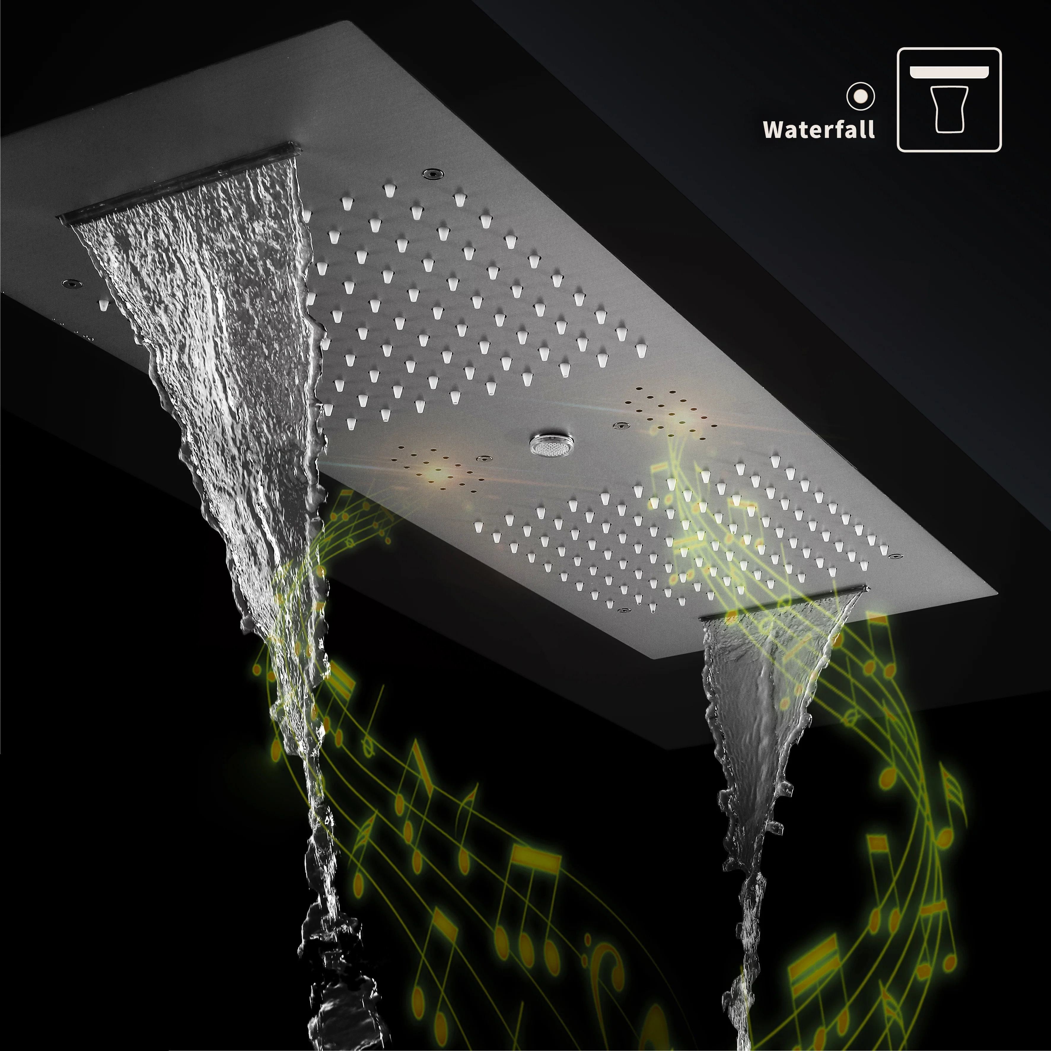 Matte Black Or Brushed nickel or Brushed Gold 35" Bluetooth Music LED Shower System with Waterfall, 8-Way Digital Thermostatic Valve, 3 Body Jets and regular head - Image 24