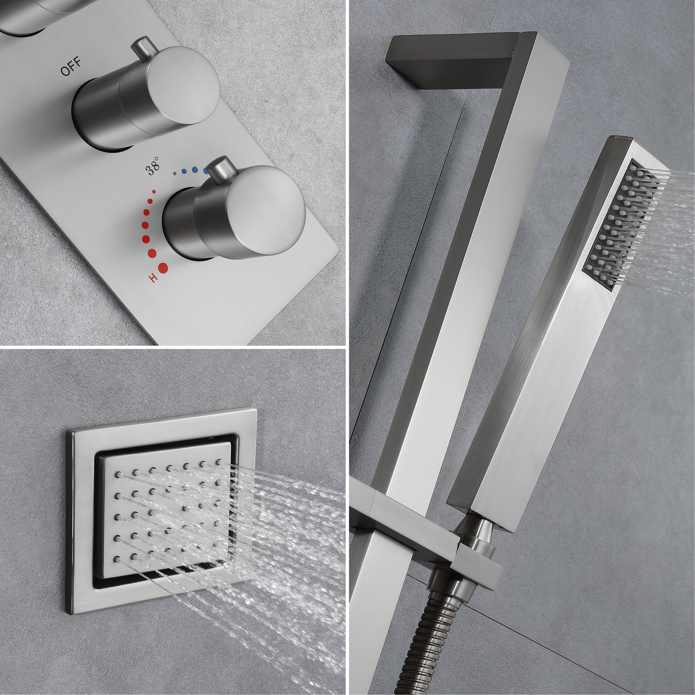 Matte Black Or Brushed nickel or Brushed Gold 35" Bluetooth Music LED Shower System with Waterfall, 8-Way Digital Thermostatic Valve, 3 Body Jets and regular head - Image 27