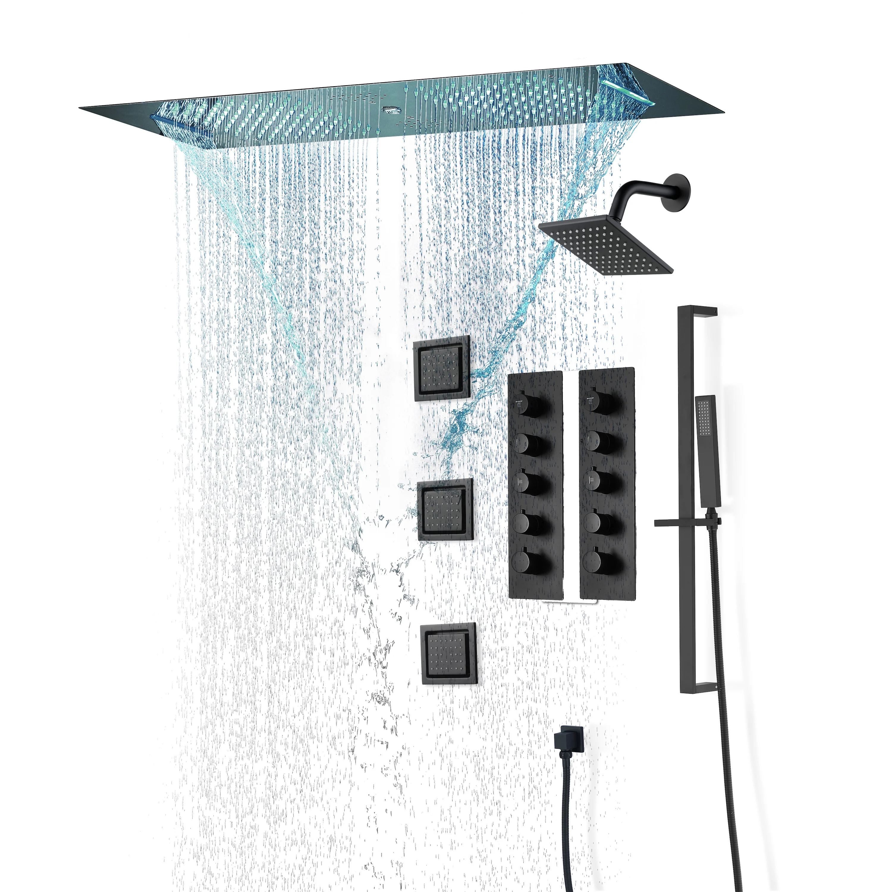 Matte Black Or Brushed nickel or Brushed Gold 35" Bluetooth Music LED Shower System with Waterfall, 8-Way Digital Thermostatic Valve, 3 Body Jets and regular head - Image 29