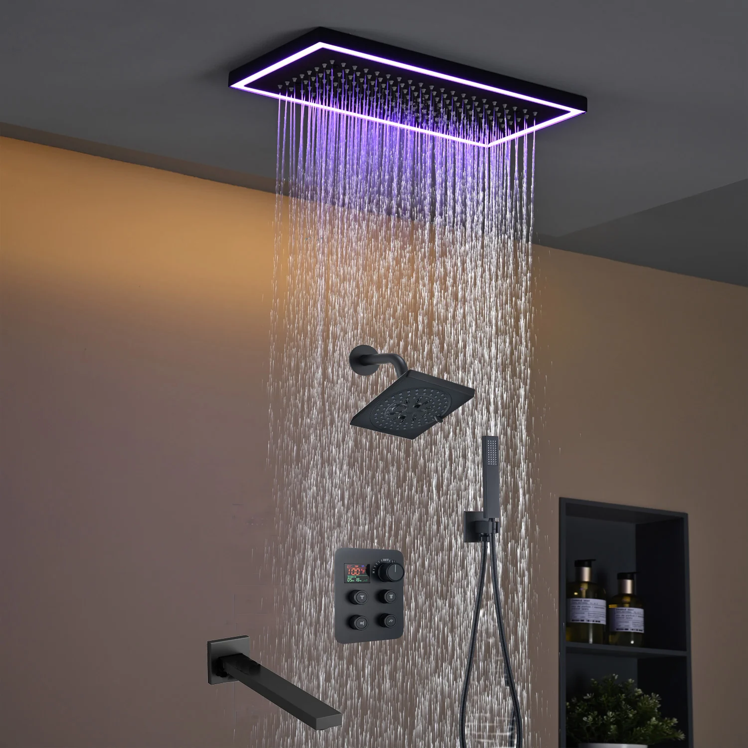 Matte black or Brushed nickel or Brushed Gold 16 x 8-Inch Rainfall Flush Mount Shower Head with 4-Way Digital Display Thermostatic Faucet, Tub Spout, and High-Pressure Wall Mount Head - Image 2
