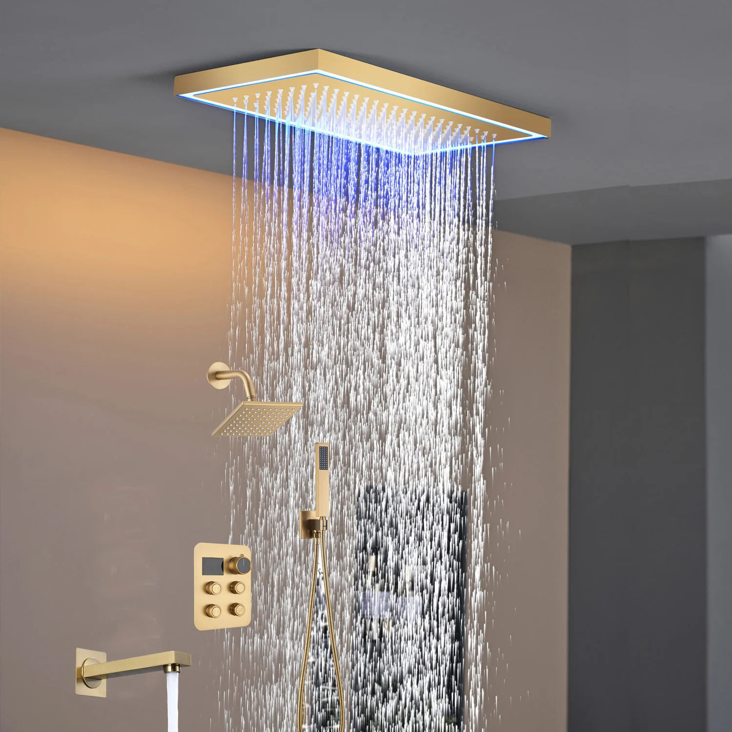 Matte black or Brushed nickel or Brushed Gold 16 x 8-Inch Rainfall Flush Mount Shower Head with 4-Way Digital Display Thermostatic Faucet, Tub Spout, and High-Pressure Wall Mount Head - Image 21