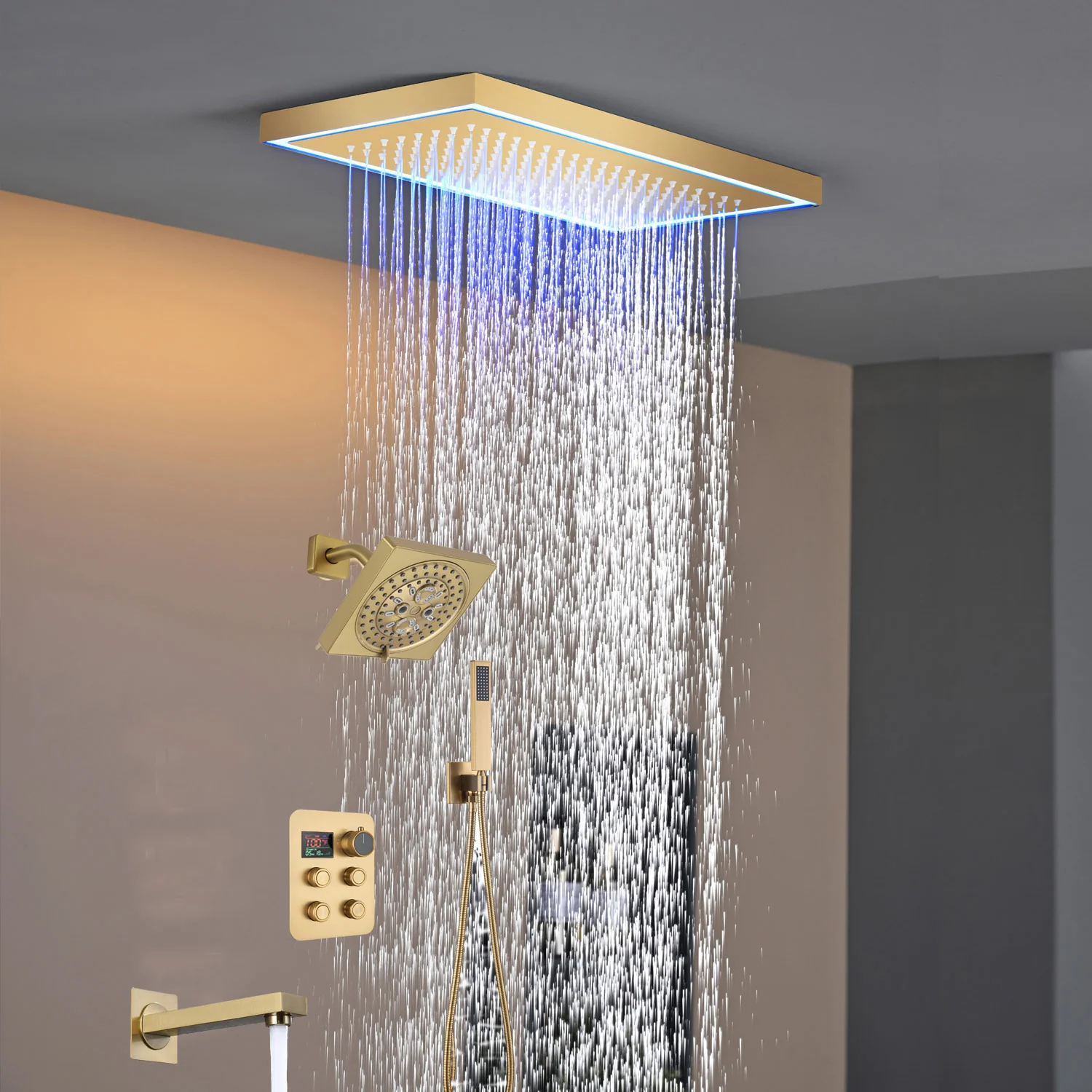 Matte black or Brushed nickel or Brushed Gold 16 x 8-Inch Rainfall Flush Mount Shower Head with 4-Way Digital Display Thermostatic Faucet, Tub Spout, and High-Pressure Wall Mount Head - Image 22