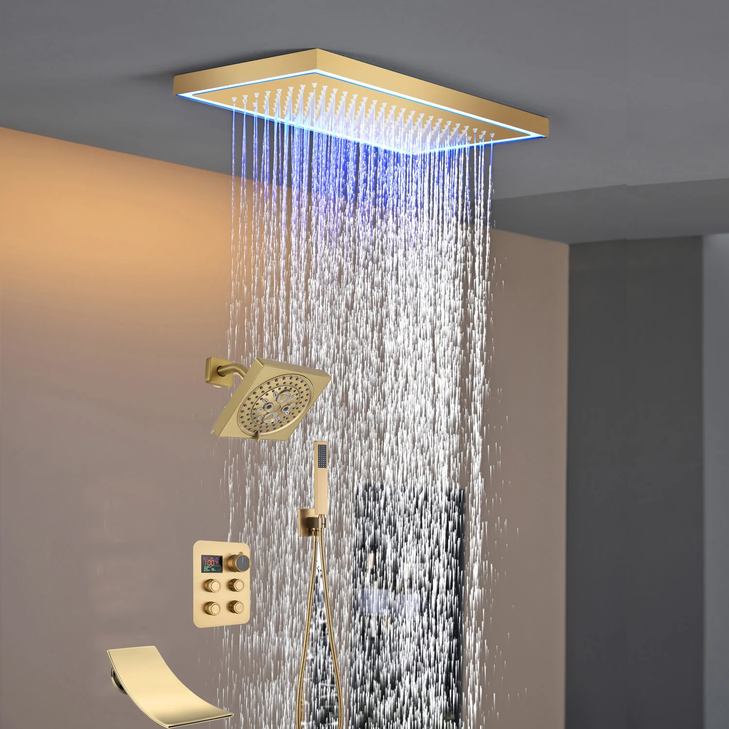 Matte black or Brushed nickel or Brushed Gold 16 x 8-Inch Rainfall Flush Mount Shower Head with 4-Way Digital Display Thermostatic Faucet, Tub Spout, and High-Pressure Wall Mount Head - Image 23