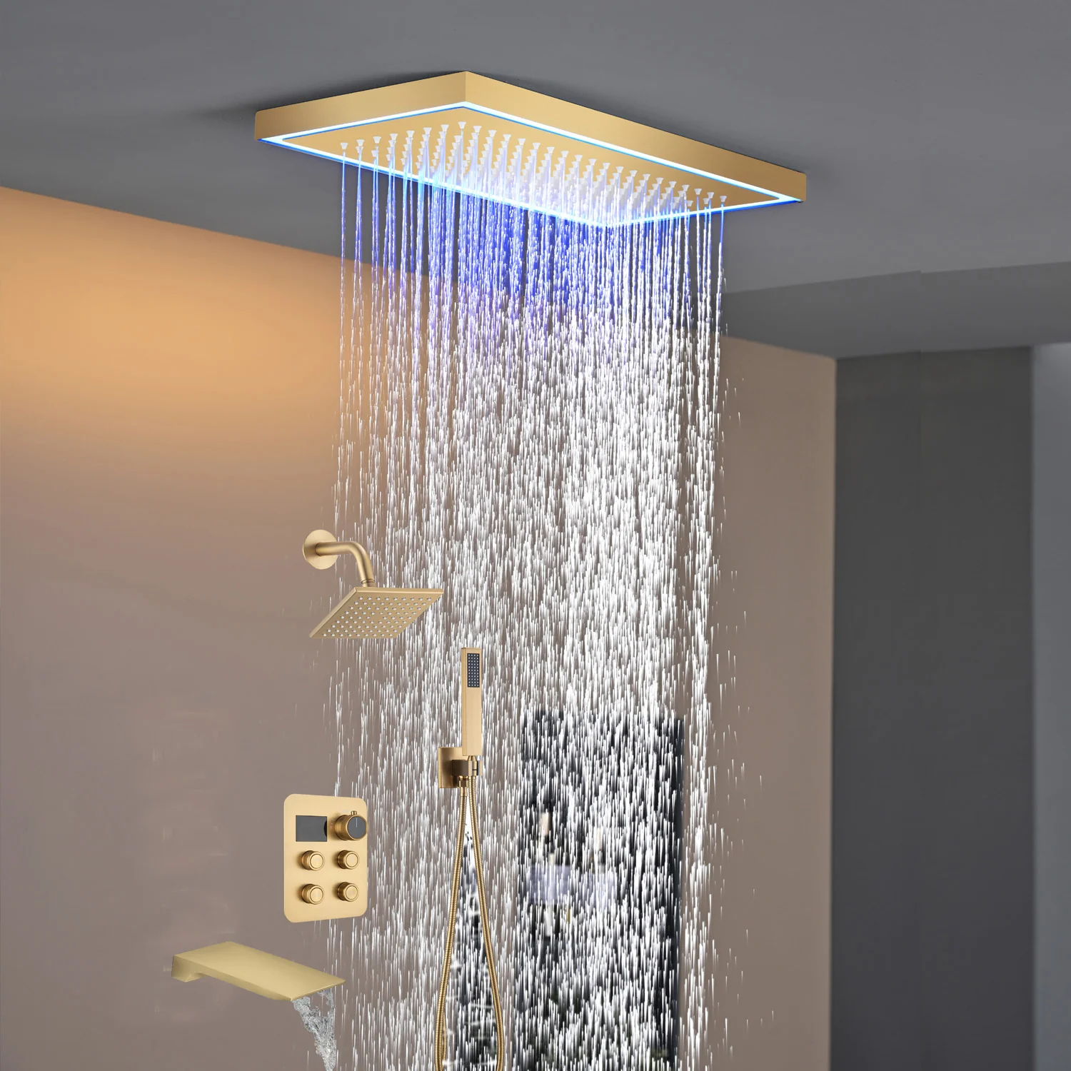 Matte black or Brushed nickel or Brushed Gold 16 x 8-Inch Rainfall Flush Mount Shower Head with 4-Way Digital Display Thermostatic Faucet, Tub Spout, and High-Pressure Wall Mount Head - Image 25